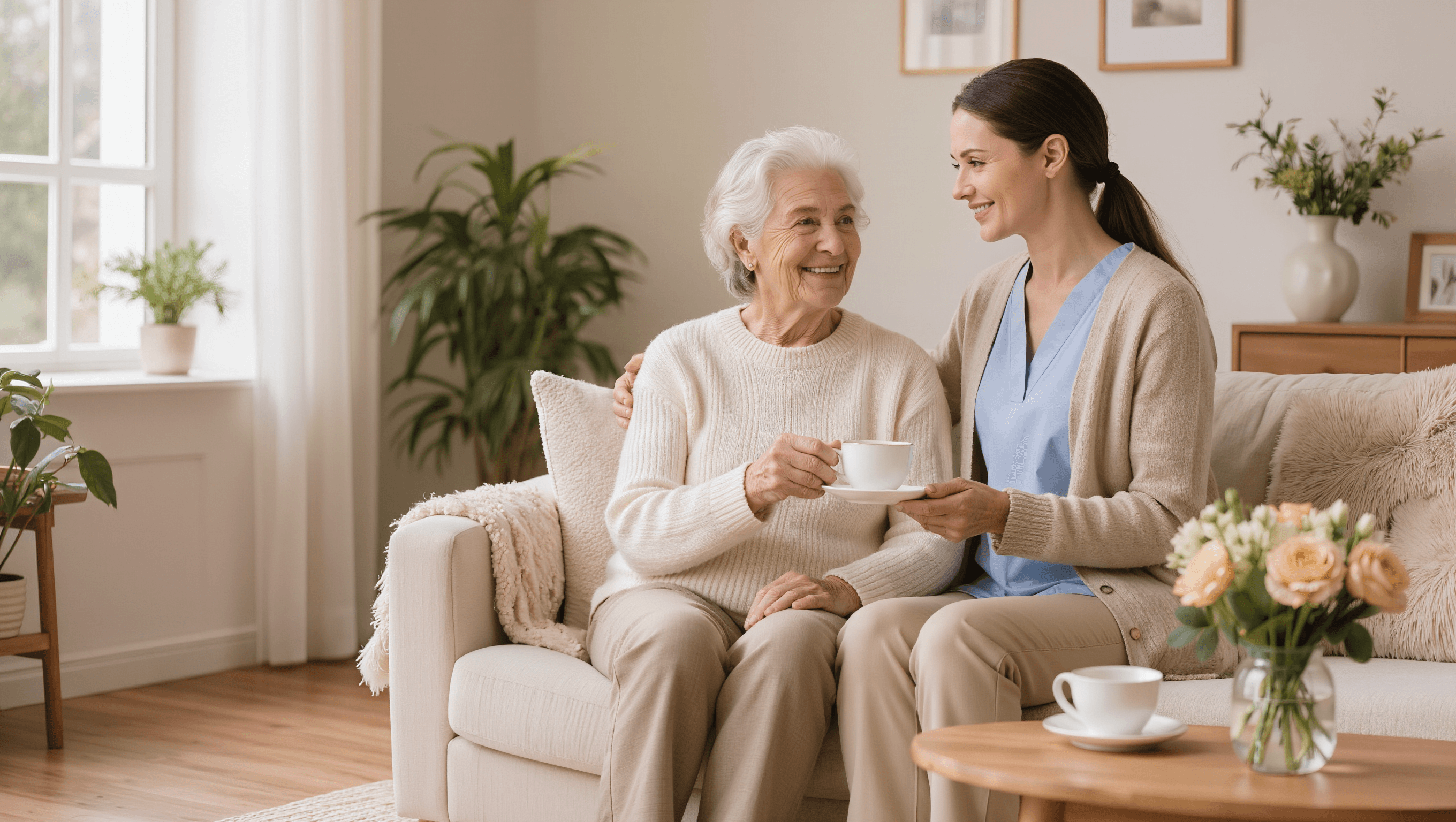 Ältere Dame mit Betreuerin im hellen Wohnzimmer — 24-Stunden-Pflege Kosten 2026