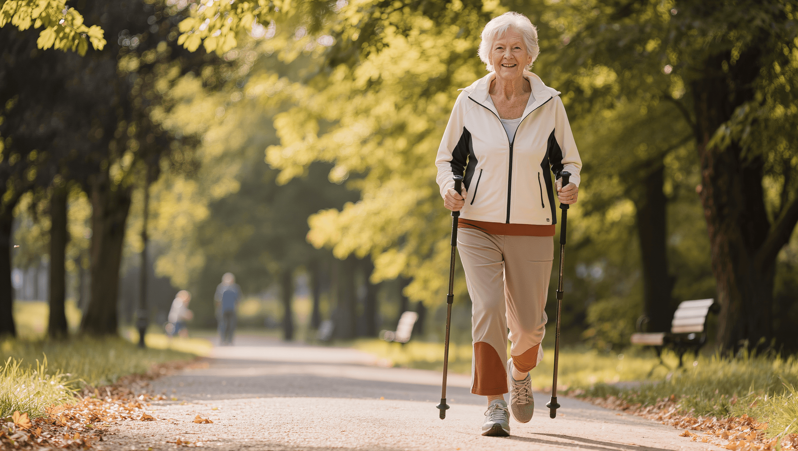 Ältere Frau geht aktiv mit Walking-Stöcken durch einen sonnigen Park — Bewegung als evidenzbasierte Selbsthilfe bei Altersdepression