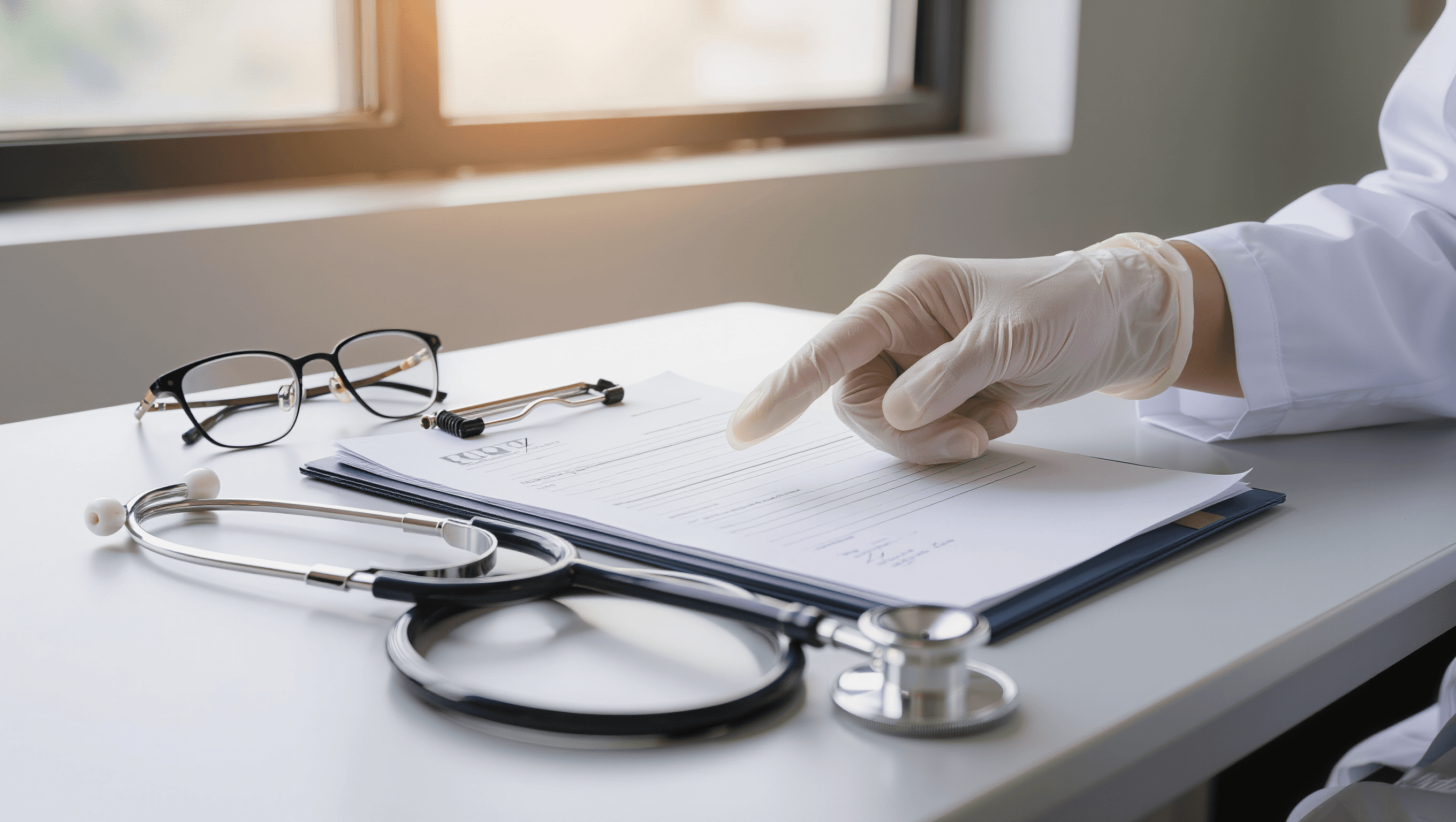 Arzt zeigt auf Patientenakte mit Stethoskop und Rezept auf dem Schreibtisch — Hausarzt-Termin für Pflegegrad
