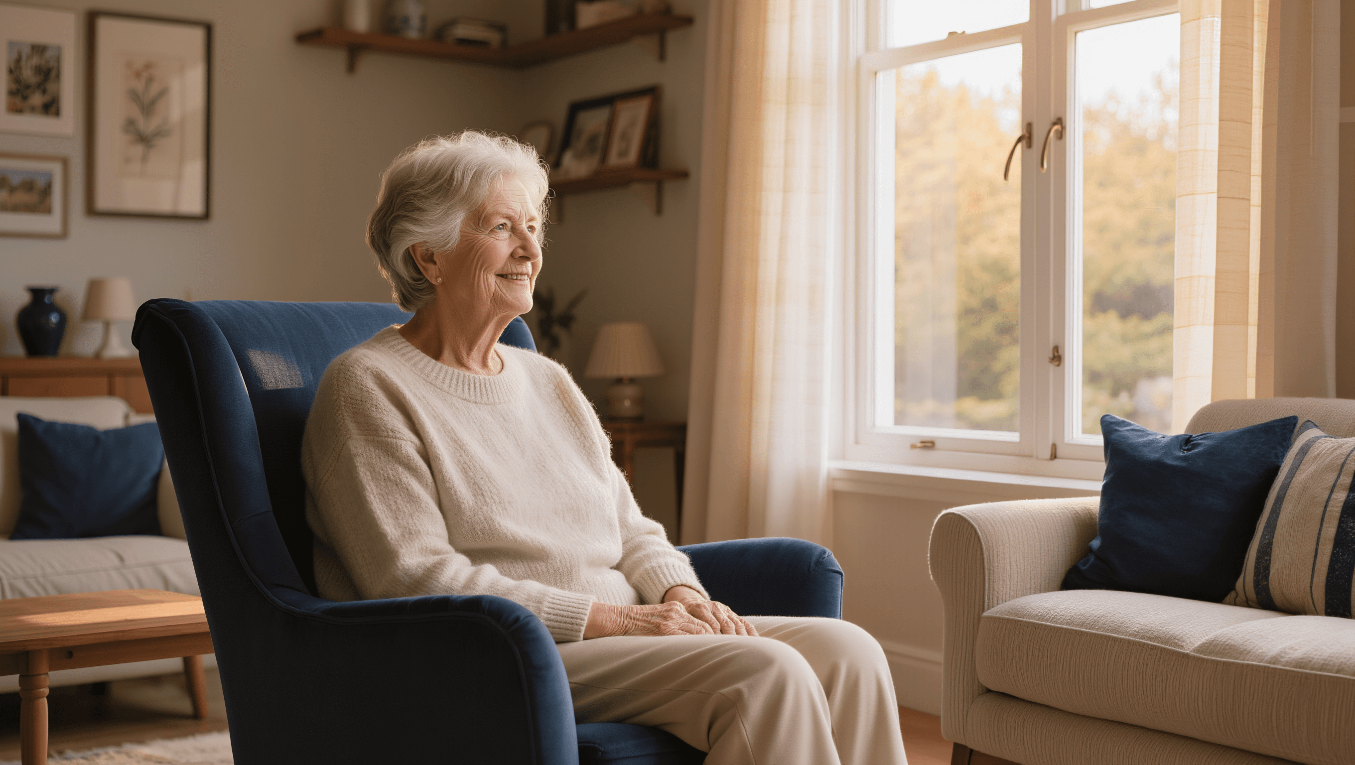 Ältere Frau sitzt nachdenklich am Fenster im warmen Morgenlicht — Symbolbild zu Altersdepression in Deutschland 2026