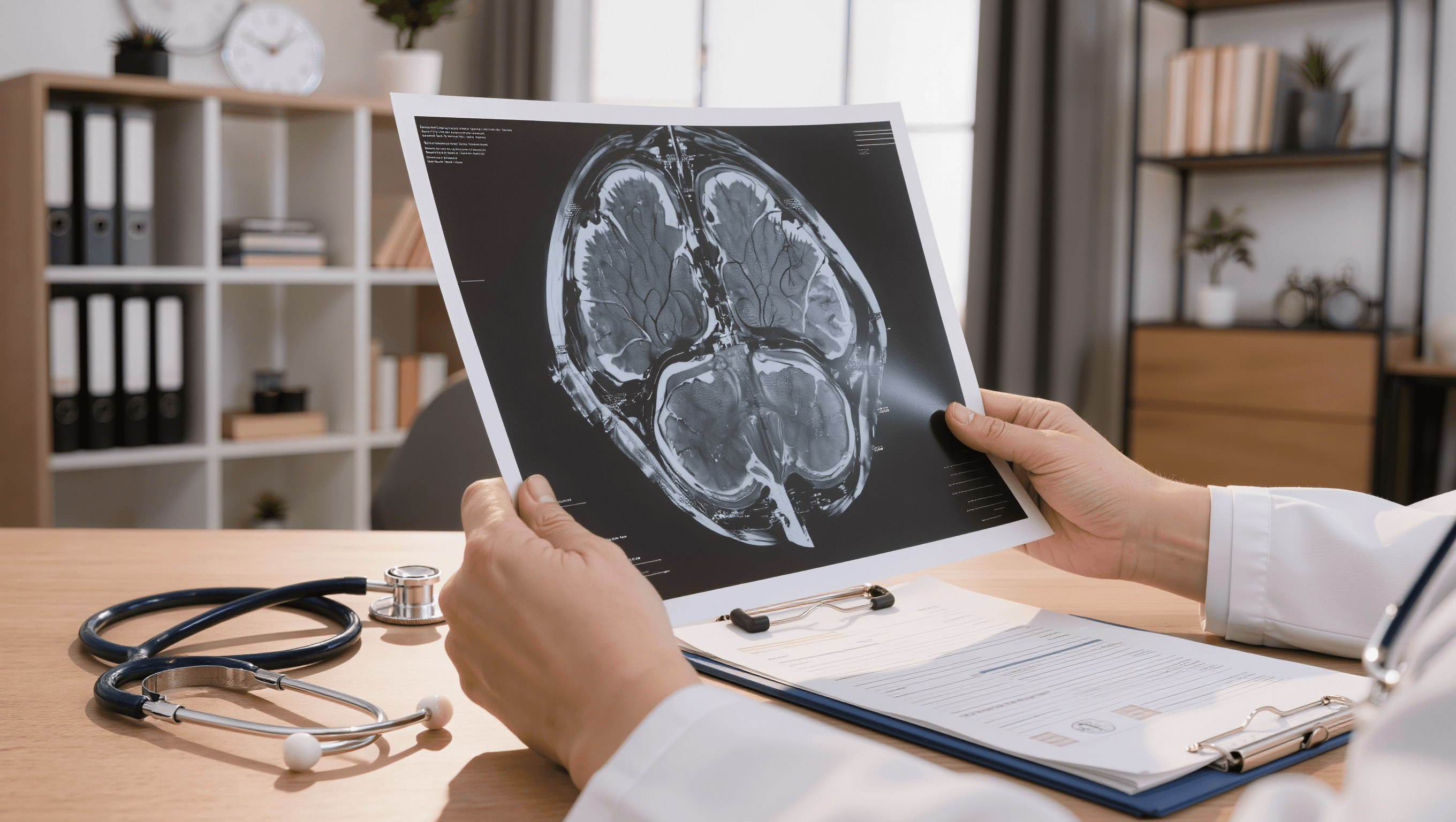 Arzthand hält MRT-Aufnahme eines Gehirns — Diagnose Demenz in der medizinischen Praxis