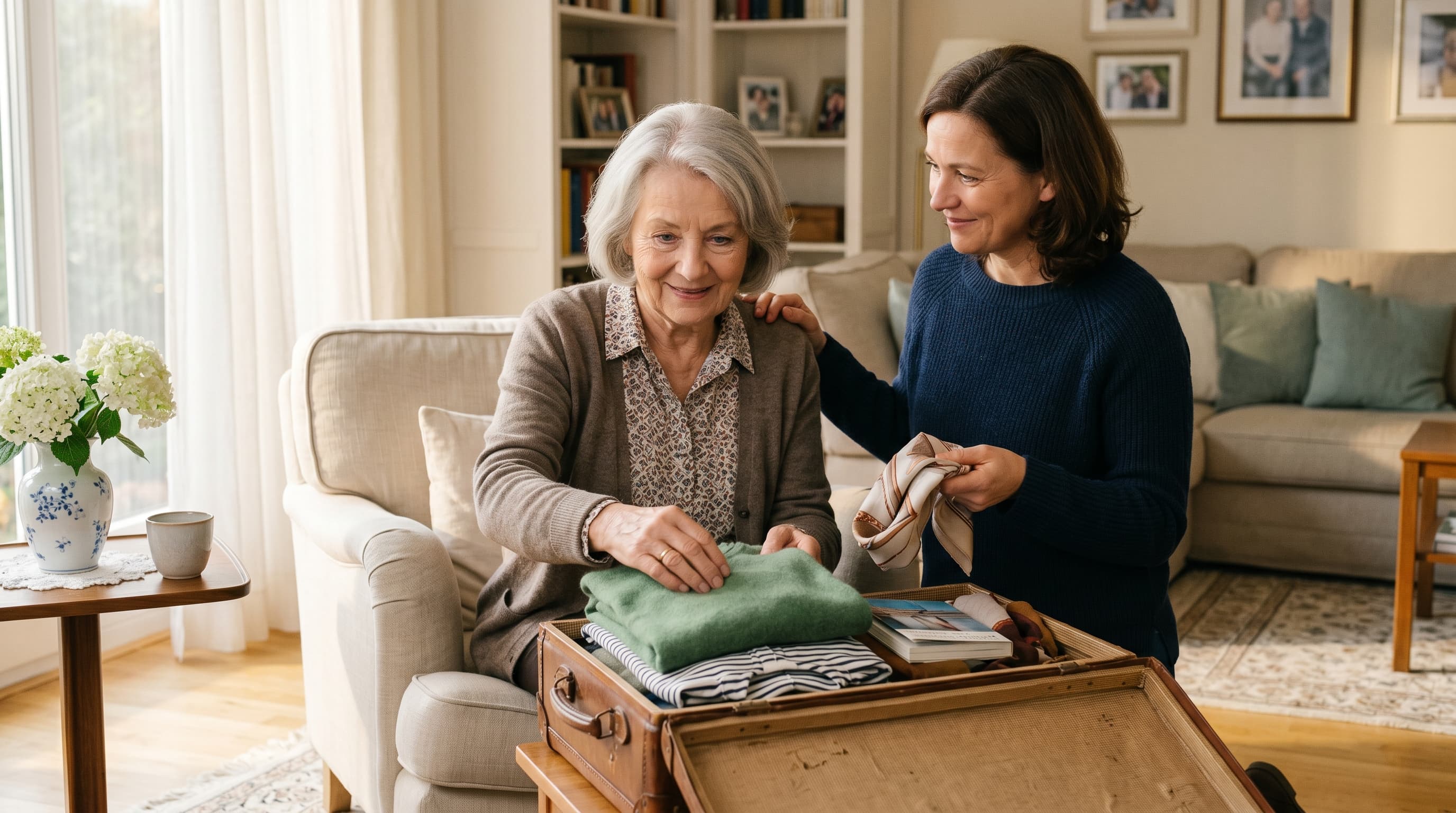 Seniorin packt Koffer für Kurzzeitpflege-Aufenthalt, Tochter steht daneben und hilft — helles deutsches Wohnzimmer