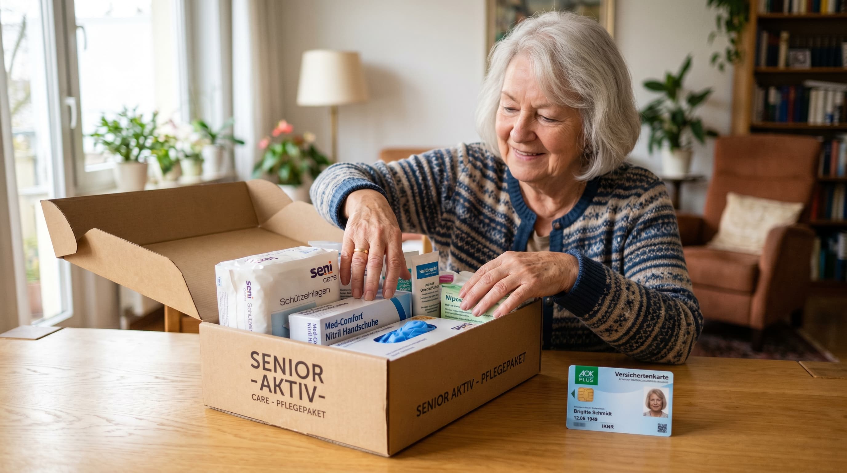 Ältere Frau öffnet zuhause eine Pflegebox-Lieferung mit Hygieneartikeln, AOK-Versichertenkarte liegt daneben auf dem Wohnzimmertisch