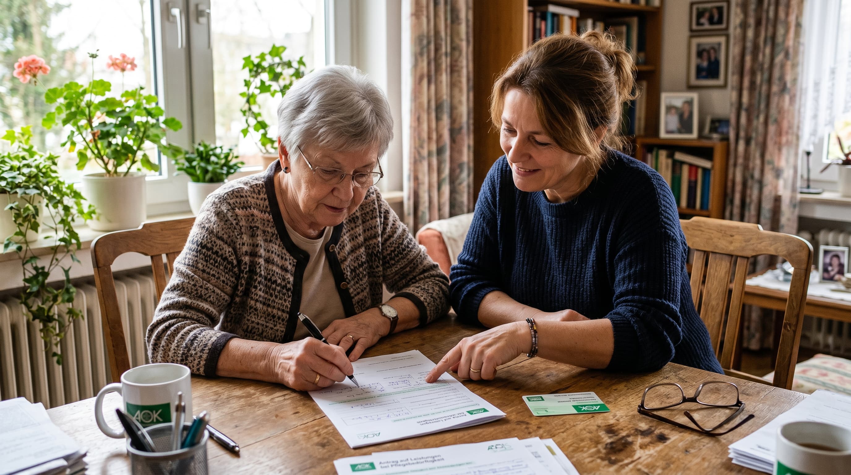 Senior:in füllt AOK-Verhinderungspflege-Formular am Tisch aus, Tochter sitzt daneben und hilft
