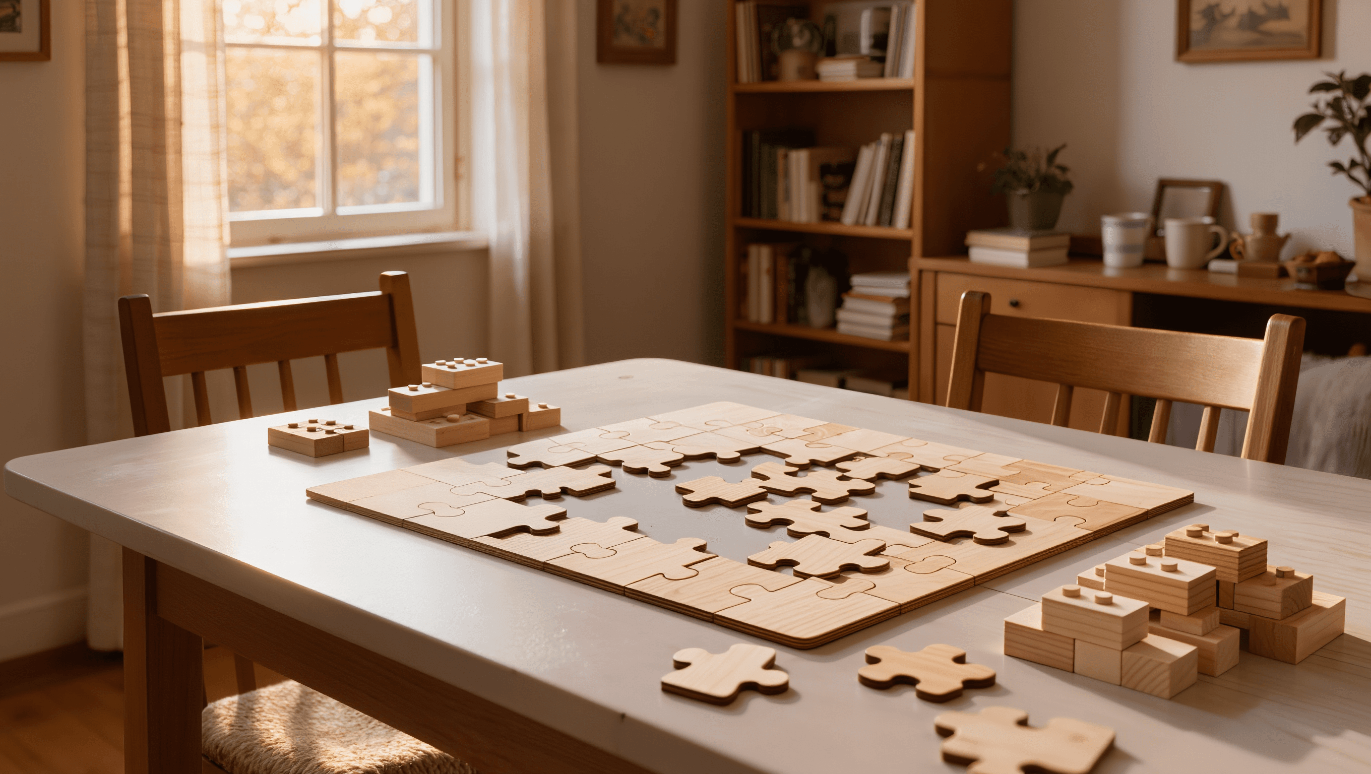 Wohnzimmertisch mit Holzpuzzle und Bauklötzen im warmen Nachmittagslicht — ruhige Alltagssituation bei Autismus, Pflegegrad beantragen
