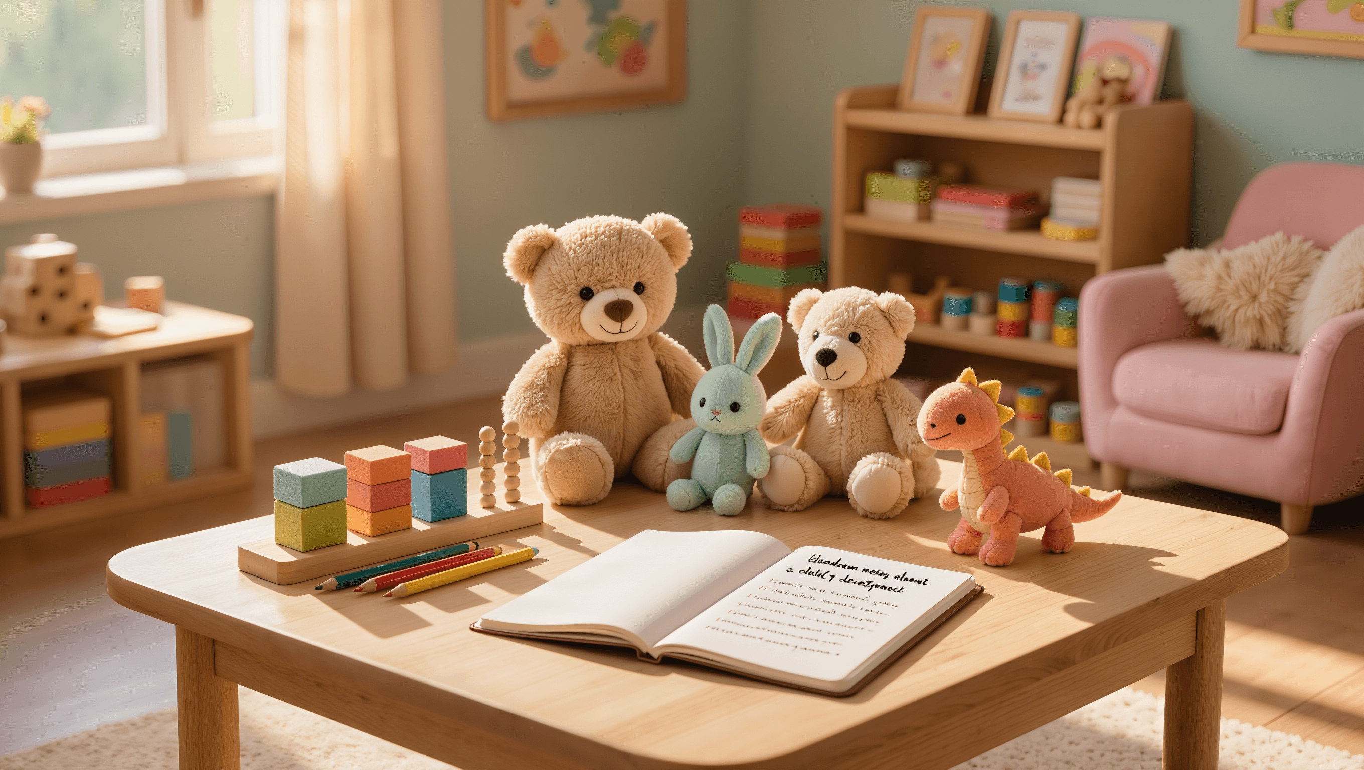 Kindertherapieraum mit bunten Spielzeugen, Sensorik-Materialien und Notizbuch mit Entwicklungsnotizen — Vorbereitung Pflegegrad Autismus
