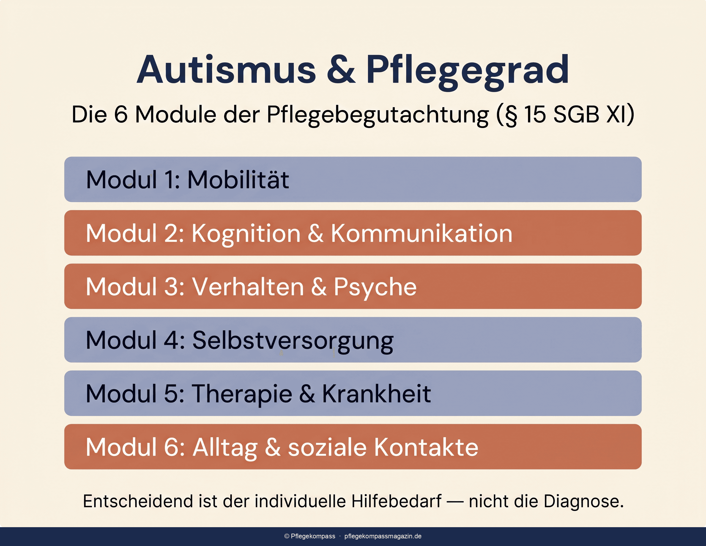 Infografik: Autismus bei Erwachsenen den NBA-Modulen zugeordnet — Kognition, Verhalten und Alltag im Überblick
