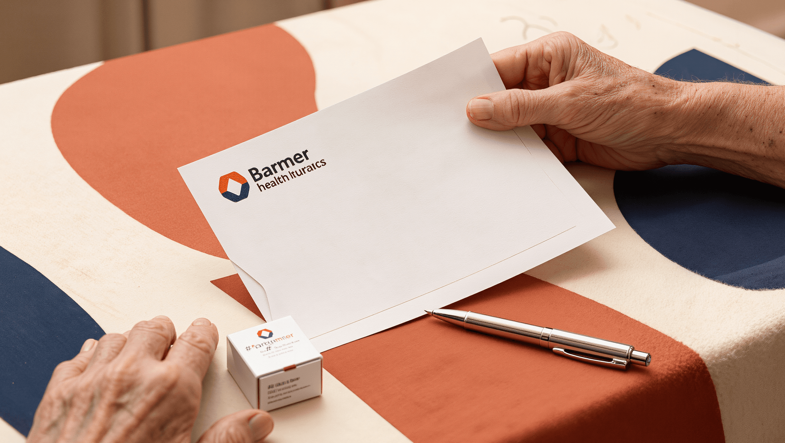 Senior öffnet Barmer-Brief mit Pflegehilfsmittel-Box auf Schreibtisch — Hilfsmittelkatalog-Genehmigung 2026