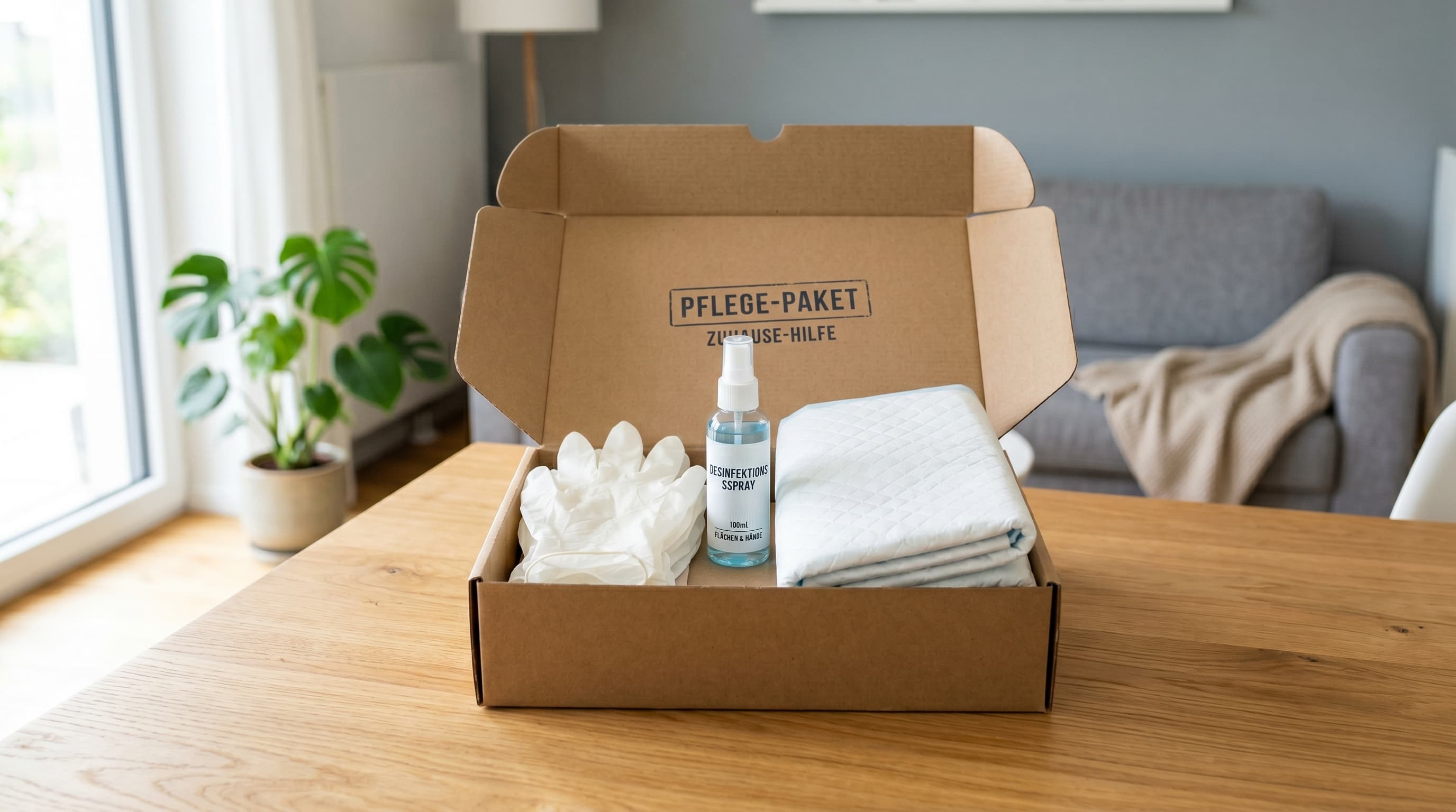 Barmer Pflegehilfsmittel Liste 2026 — aufgeklappte Pflegebox mit Handschuhen, Desinfektion und Bettschutz