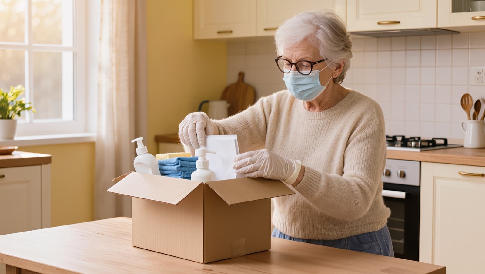 Älterer Mann sitzt zu Hause im Sessel, daneben eine Pflegebox-Lieferung mit Pflegehilfsmitteln