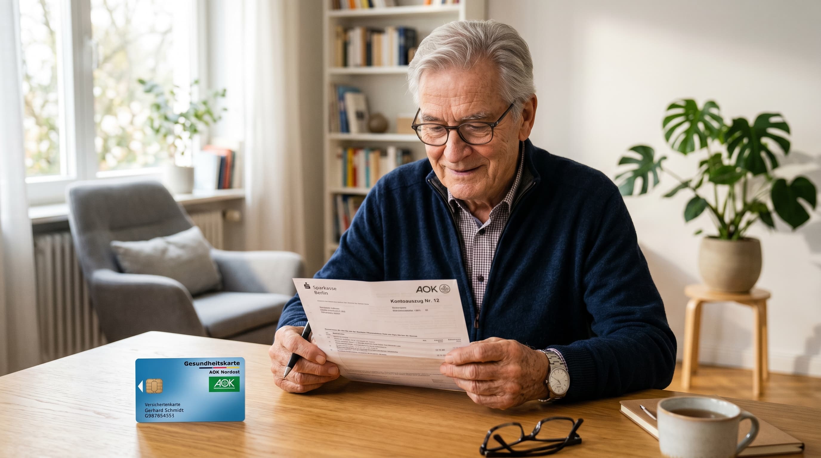 DAK Pflegegeld Auszahlungstermine 2026 — Senior prüft Kontoauszug am Schreibtisch