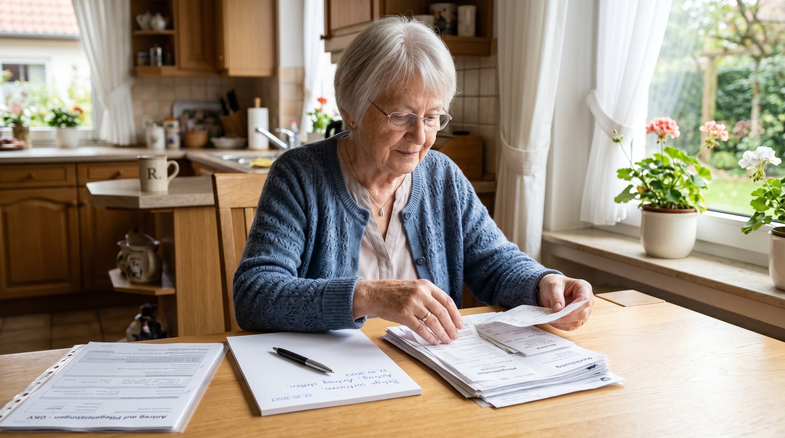 Seniorin sortiert Quittungen für Pflegehilfsmittel am Wohnzimmertisch mit Antragsformularen