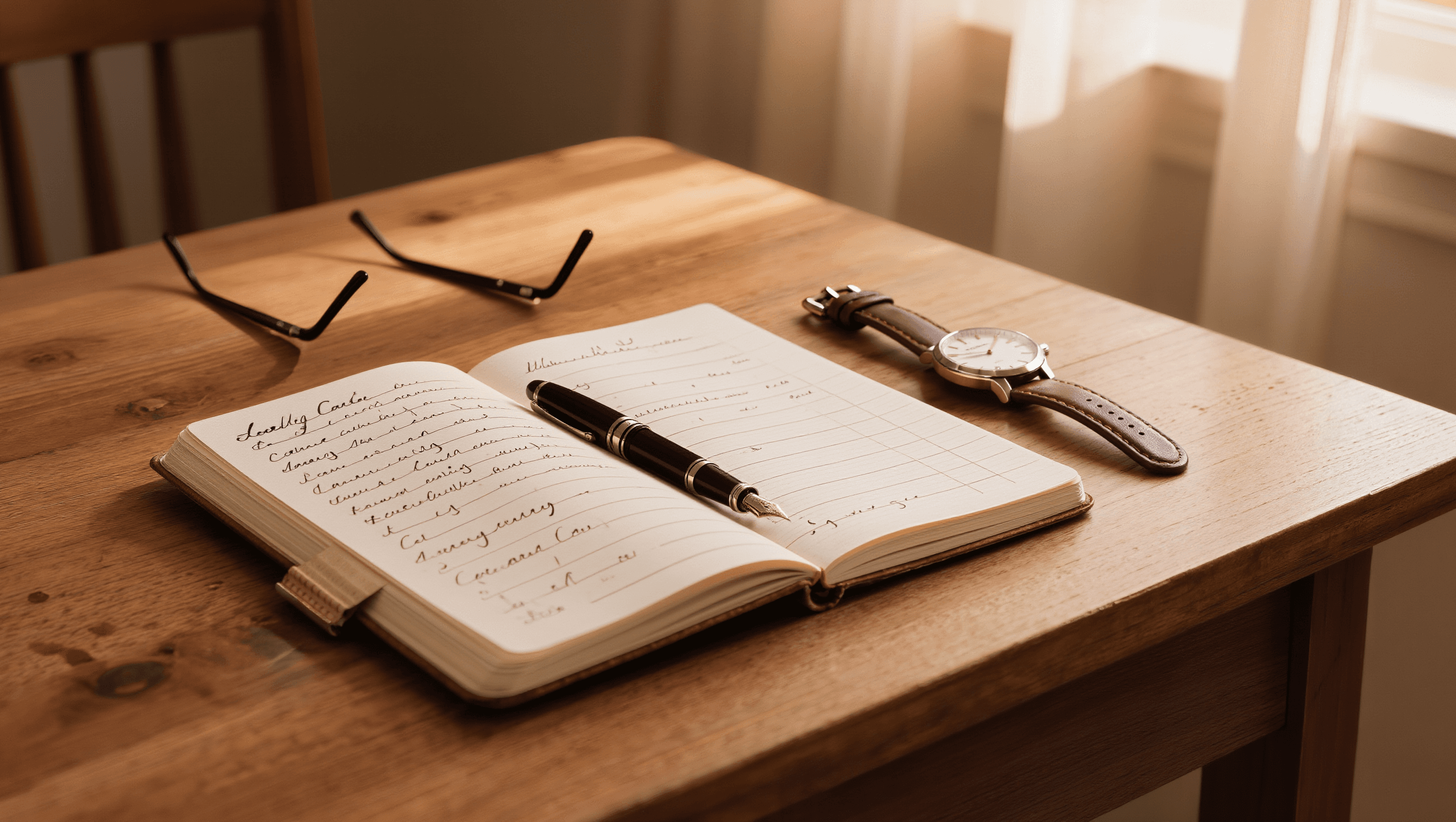Pflegetagebuch mit handschriftlichen Einträgen und Stift auf Holztisch — Dokumentation für die Demenz-Begutachtung
