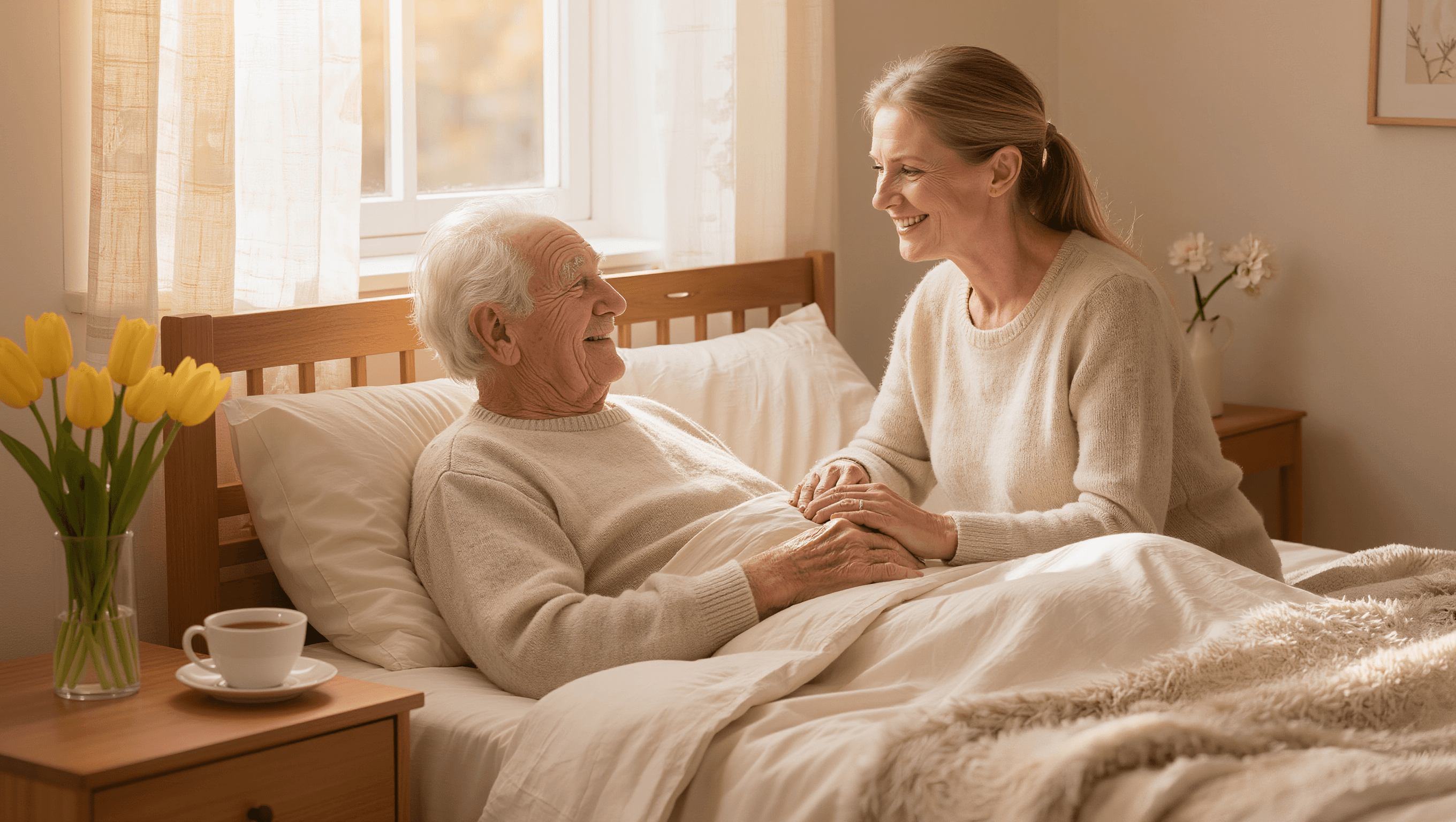 Angehörige hält die Hand einer ruhig schlafenden älteren Person in einem warm beleuchteten Schlafzimmer