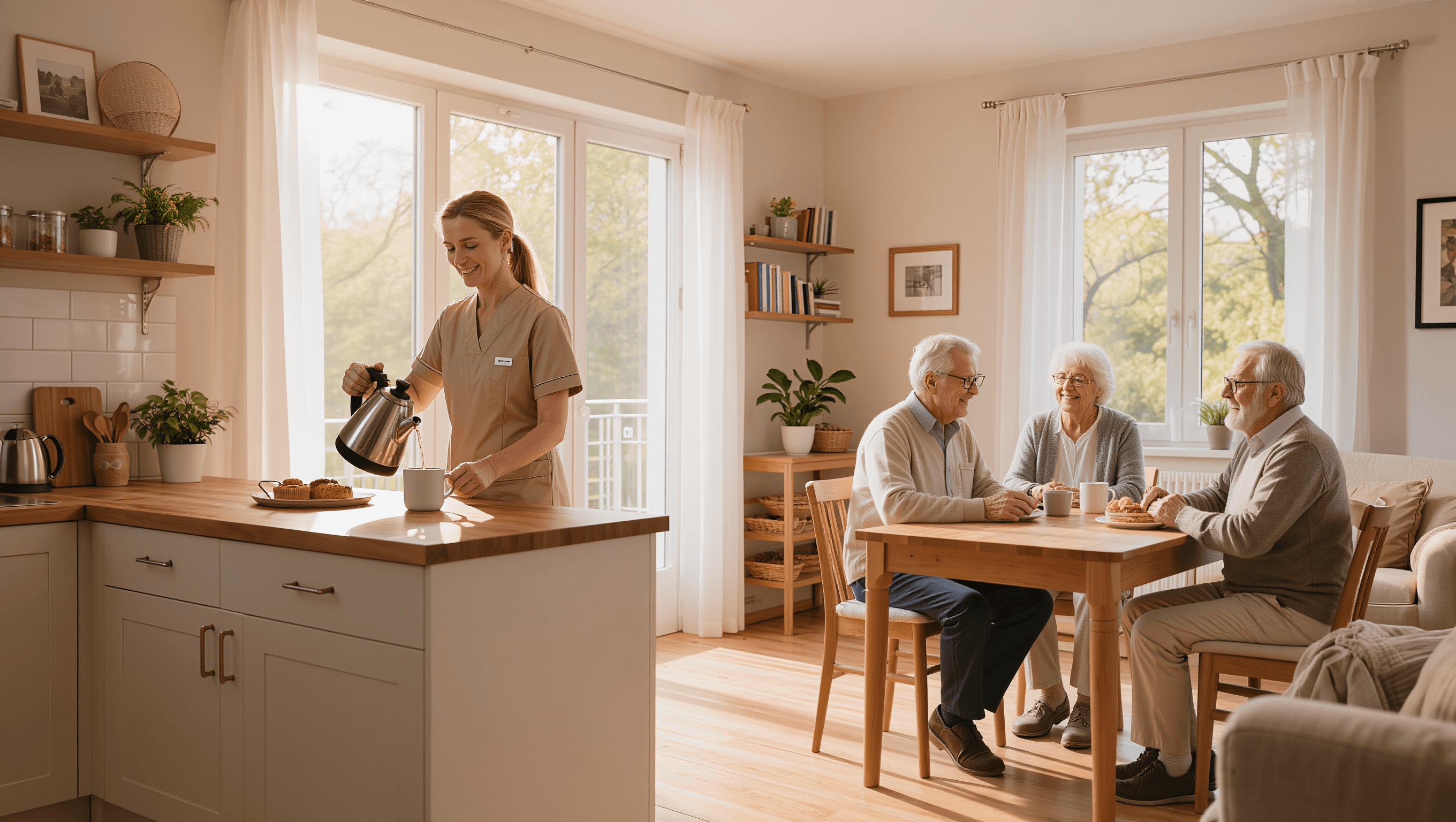 Pflegerin mit zwei Bewohnern in einer modernen Demenz-WG beim Kaffeetrinken am gemeinsamen Esstisch