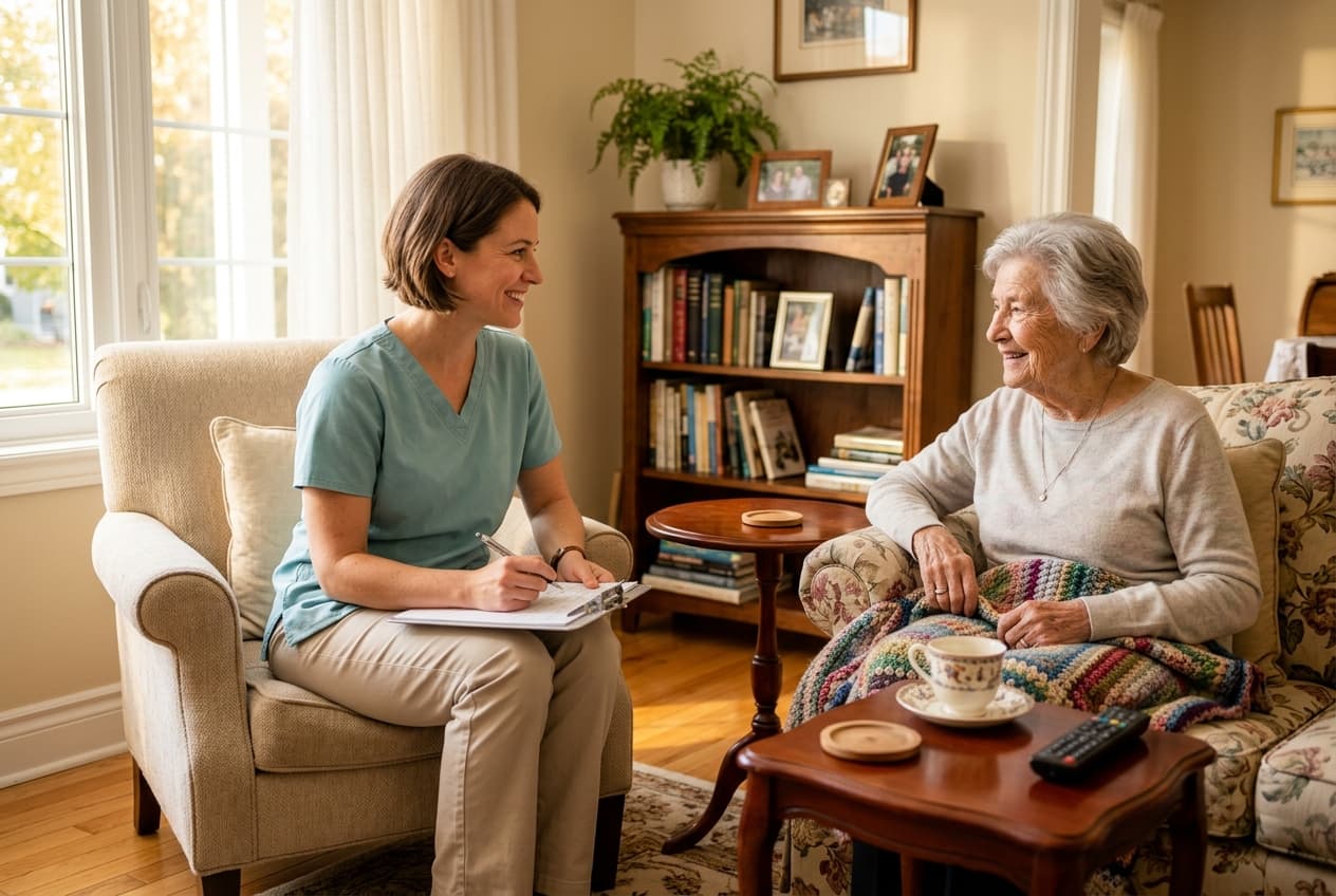Pflegeberaterin im Hausbesuch bei einer älteren Frau