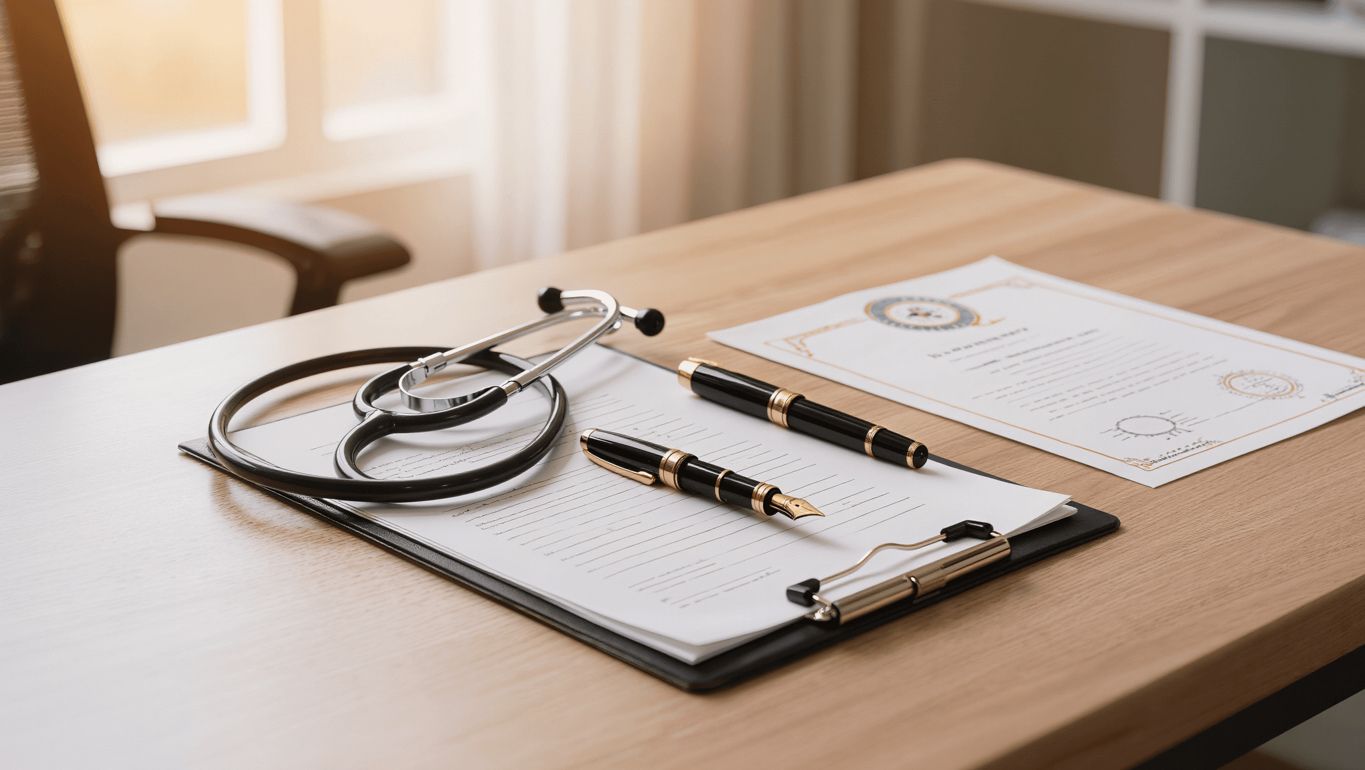 Arztschreibtisch mit Stethoskop, Patientenakte und ärztlicher Bescheinigung für GdB-Antrag
