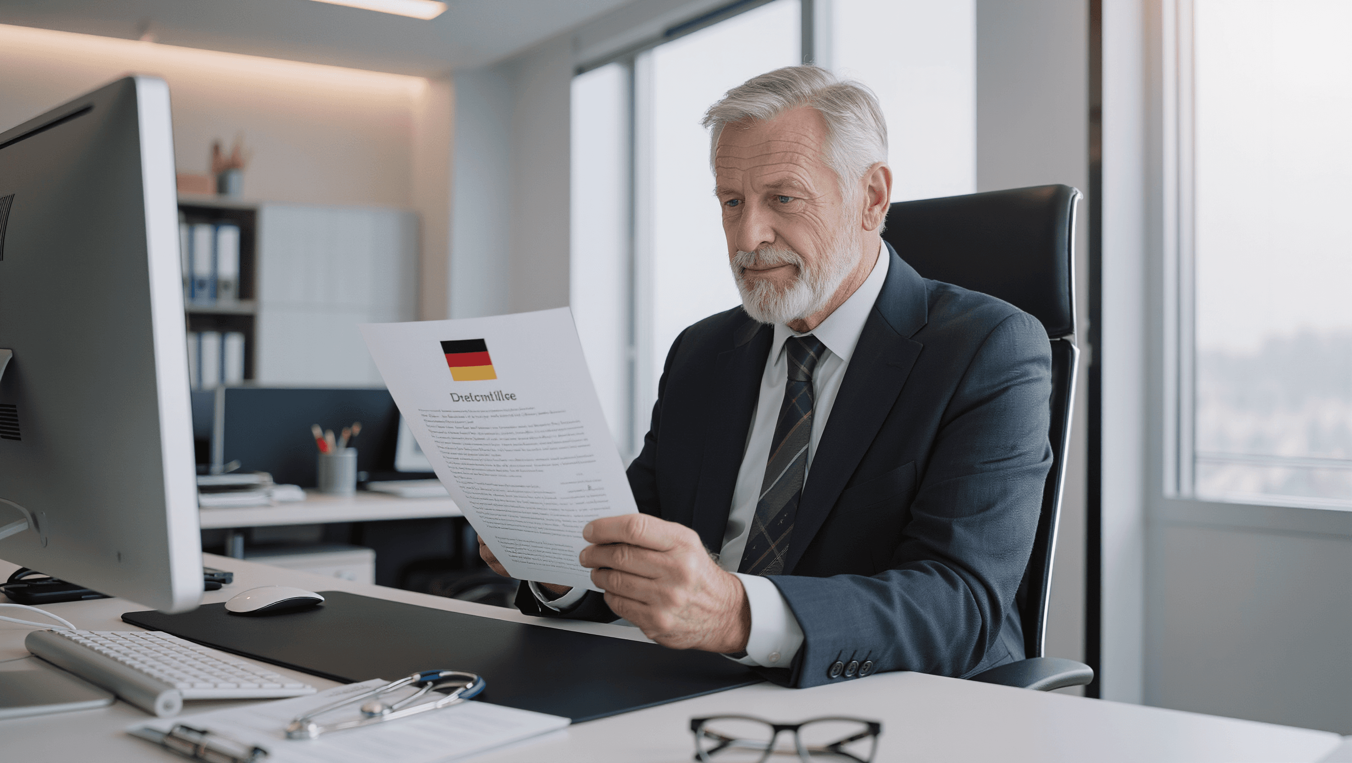 Älterer Mann liest offizielles Dokument zum Grad der Behinderung am Schreibtisch — GdB-Antrag 2026