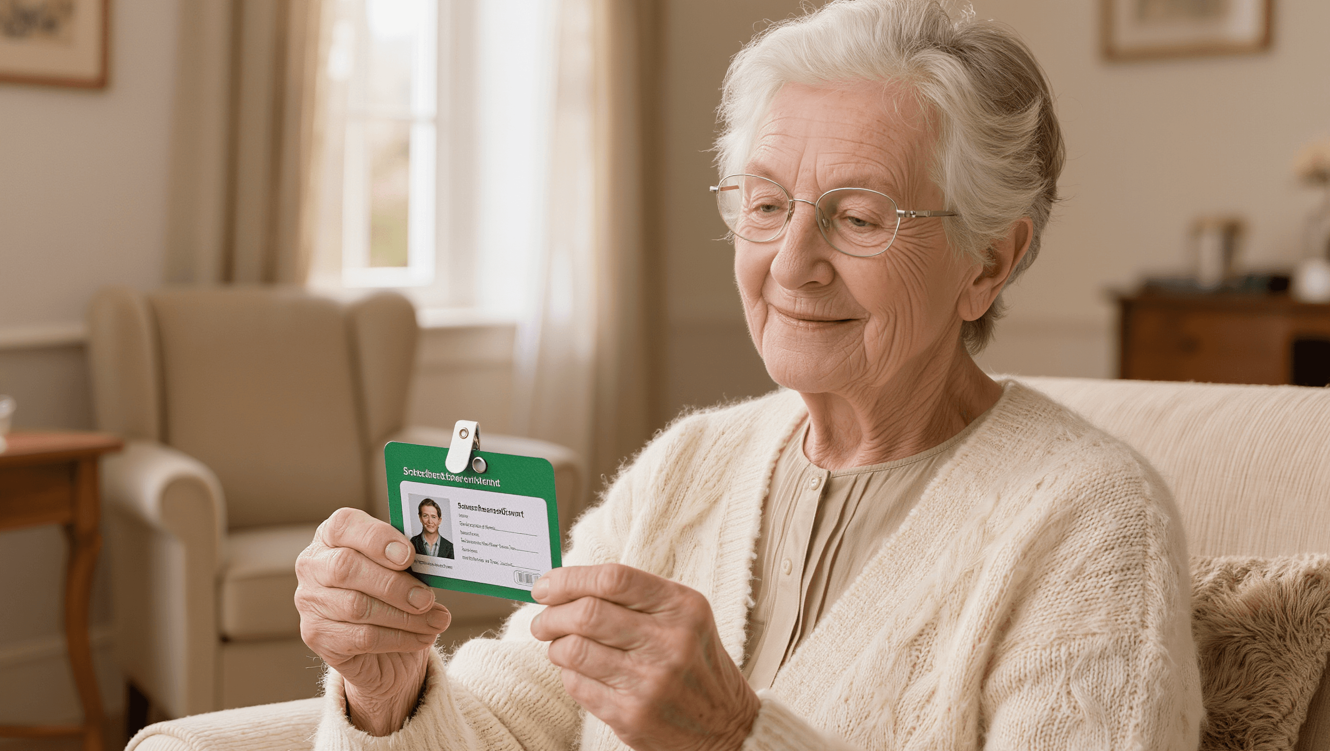 Seniorin mit grünem Schwerbehindertenausweis prüft ihre GdB-Stufe nach VersMedV