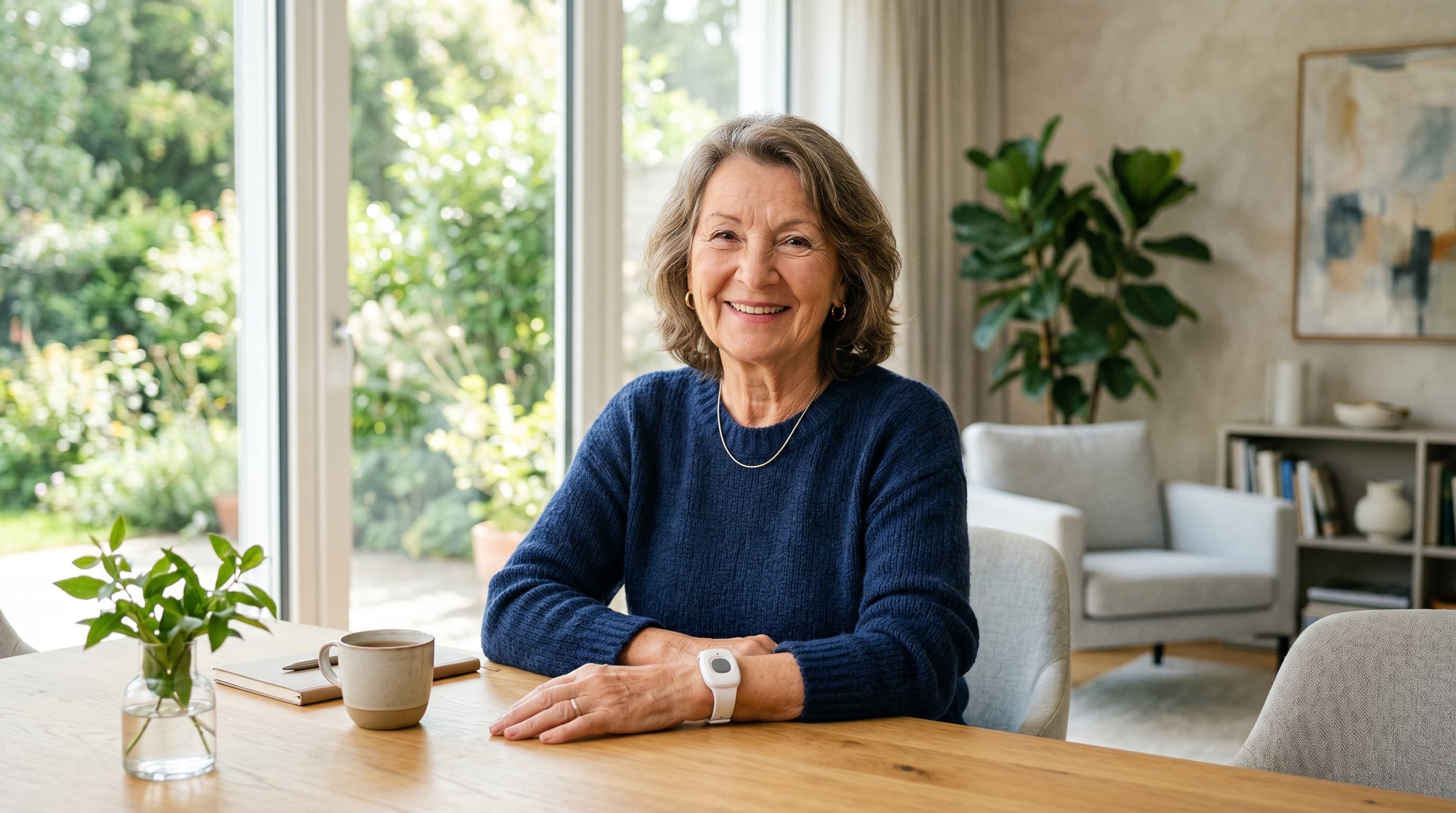 Hausnotruf 2026 — Seniorin am Esstisch mit Notrufknopf am Handgelenk in modernem Wohnzimmer