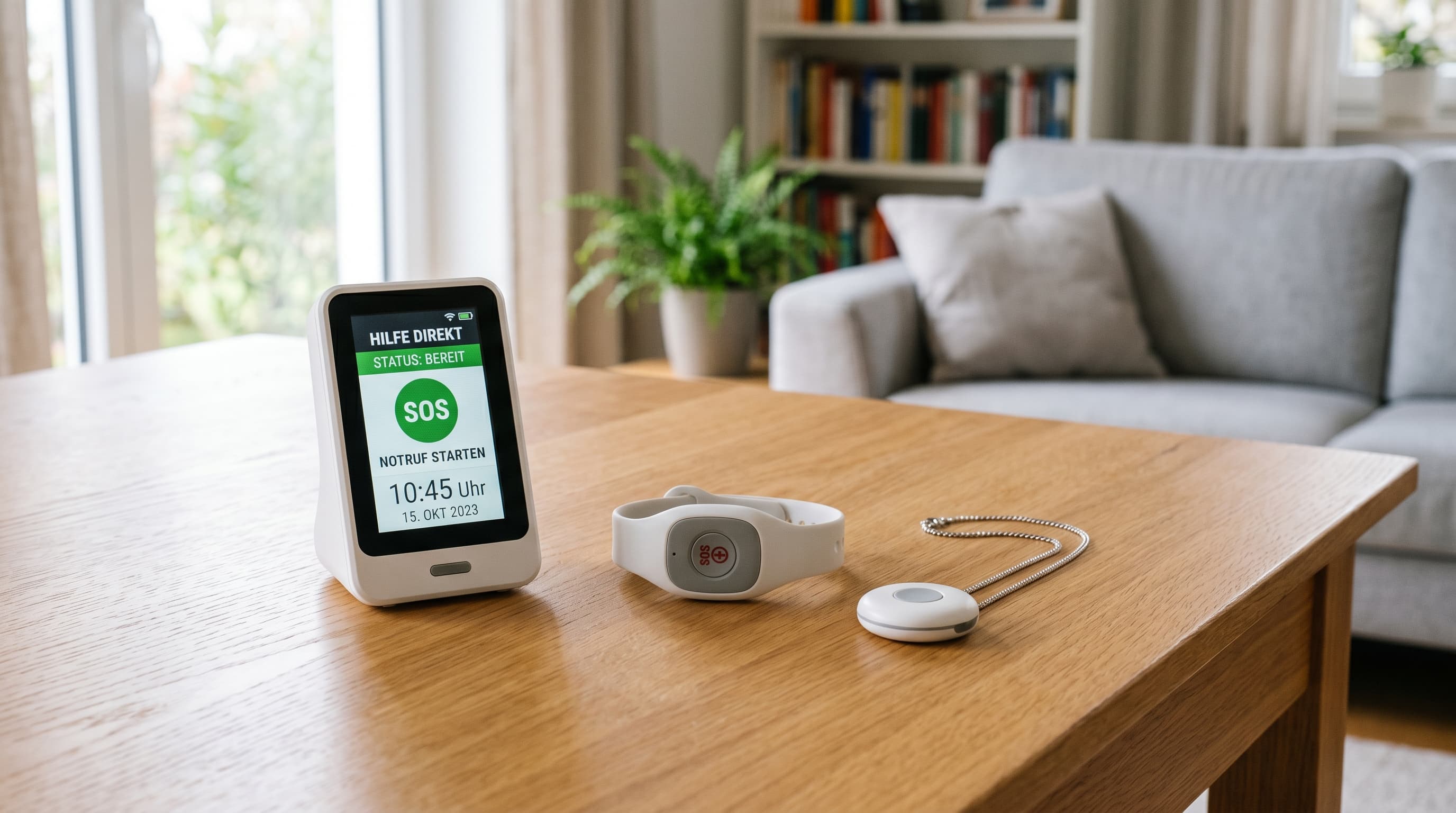 Hausnotruf-Set 2026 — Armband, Halskette und Basisstation mit Display auf einem Tisch im deutschen Wohnzimmer