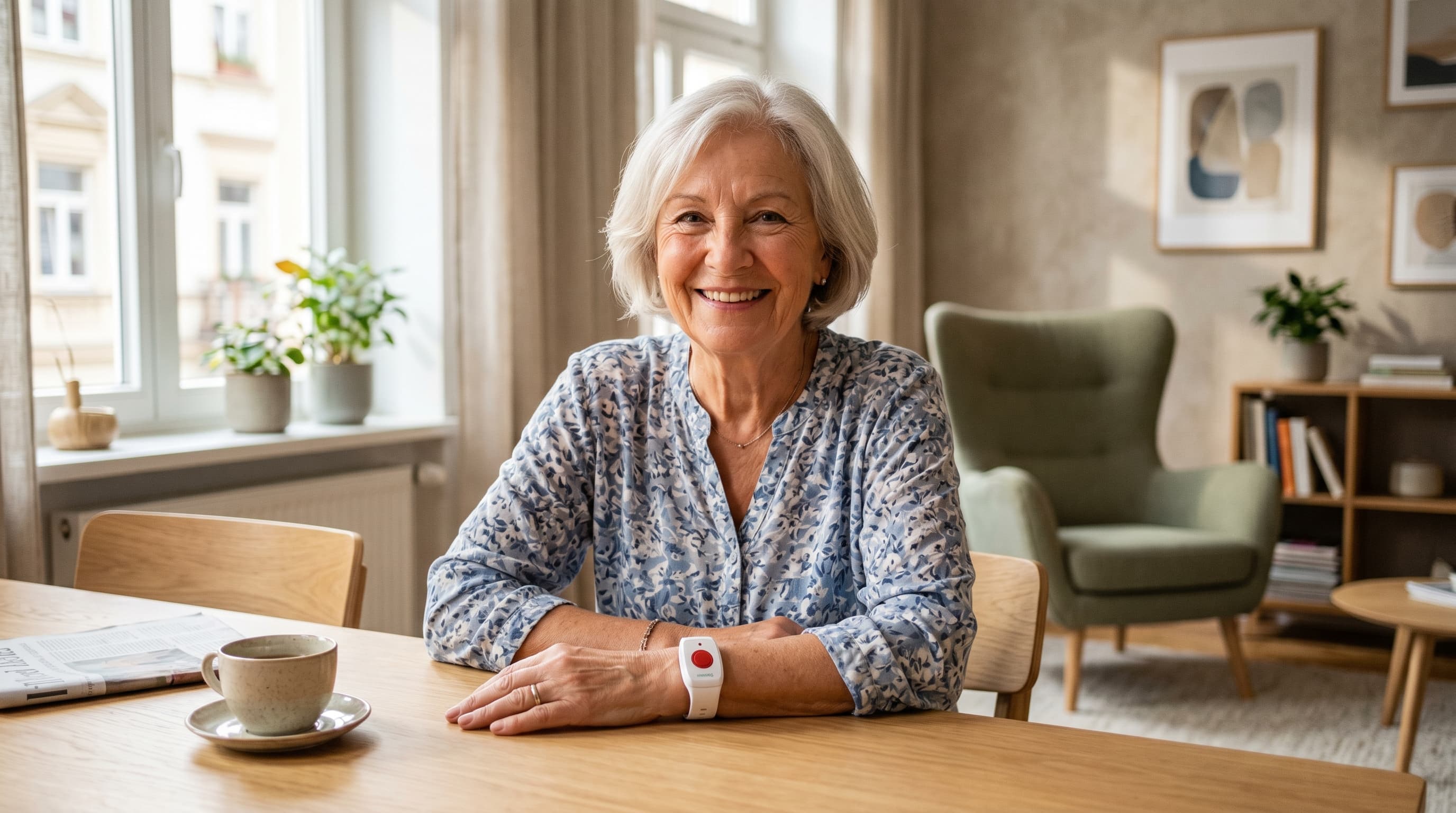 Hausnotruf Kosten 2026 — Seniorin am Esstisch mit Notrufknopf am Handgelenk in moderner Wohnung