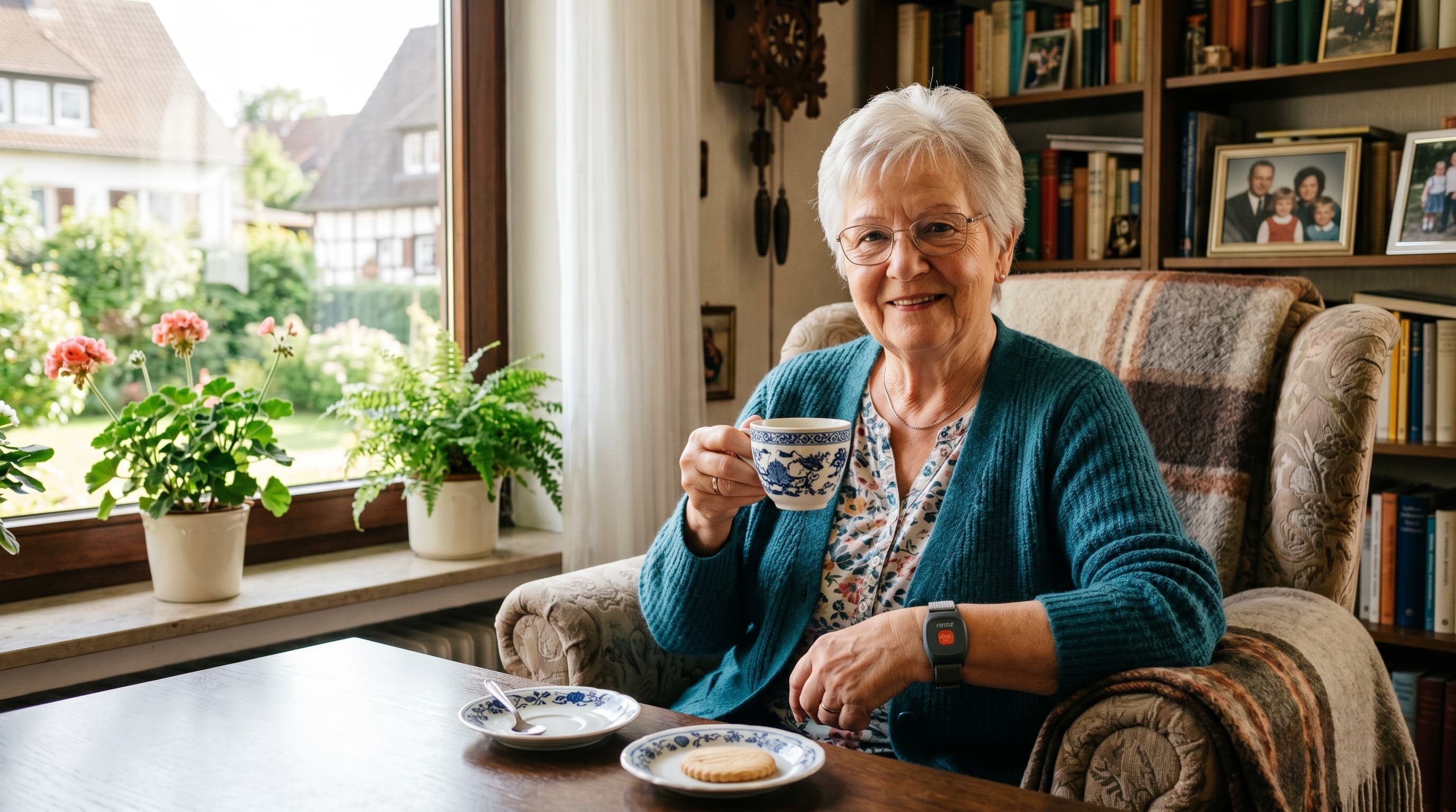 Seniorin mit Hausnotruf-Armband sitzt allein im hellen deutschen Wohnzimmer mit Tasse Tee