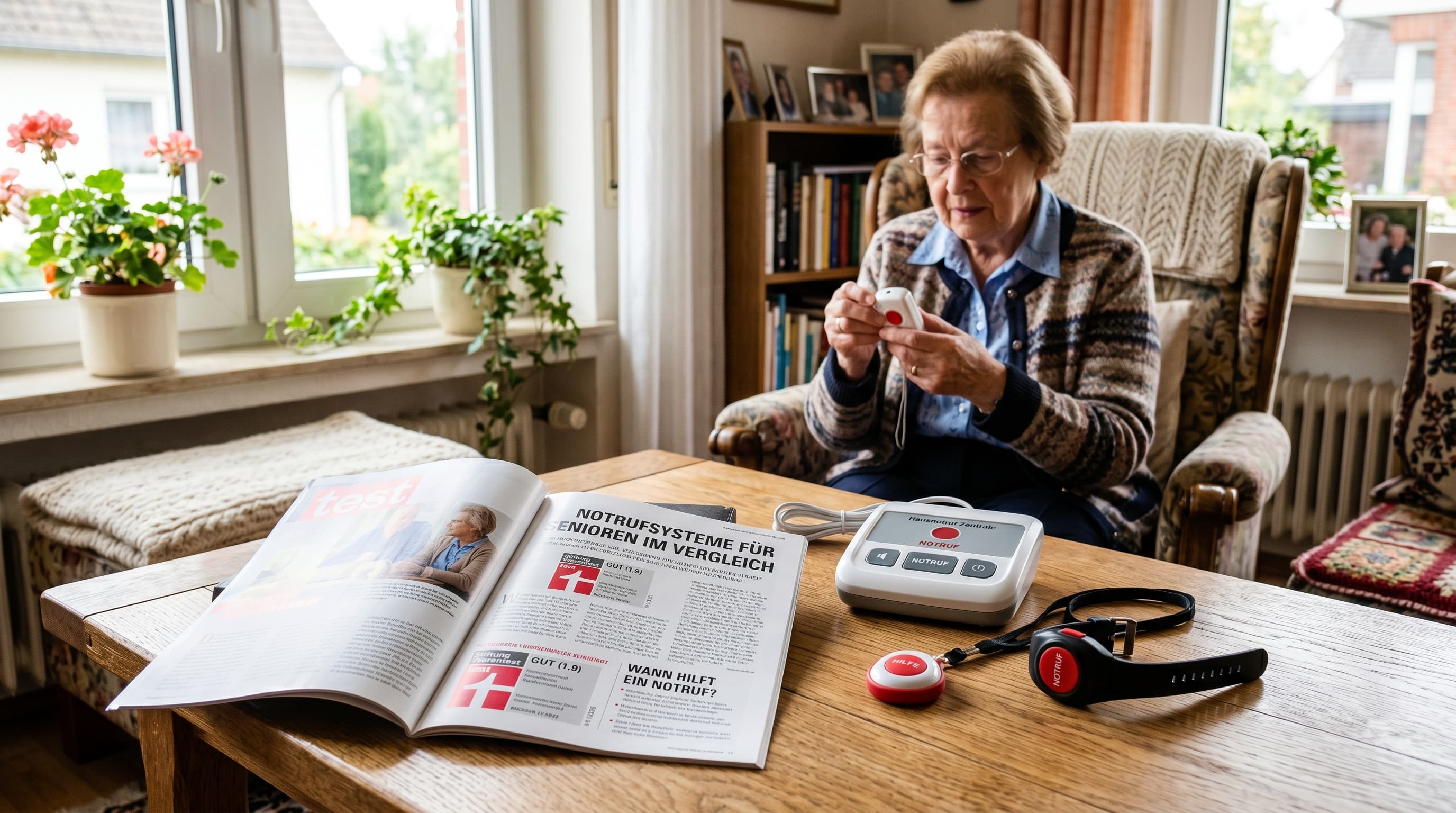 Hausnotruf Stiftung Warentest 2026 — Vergleichstest auf Tisch mit mehreren Notrufgeräten