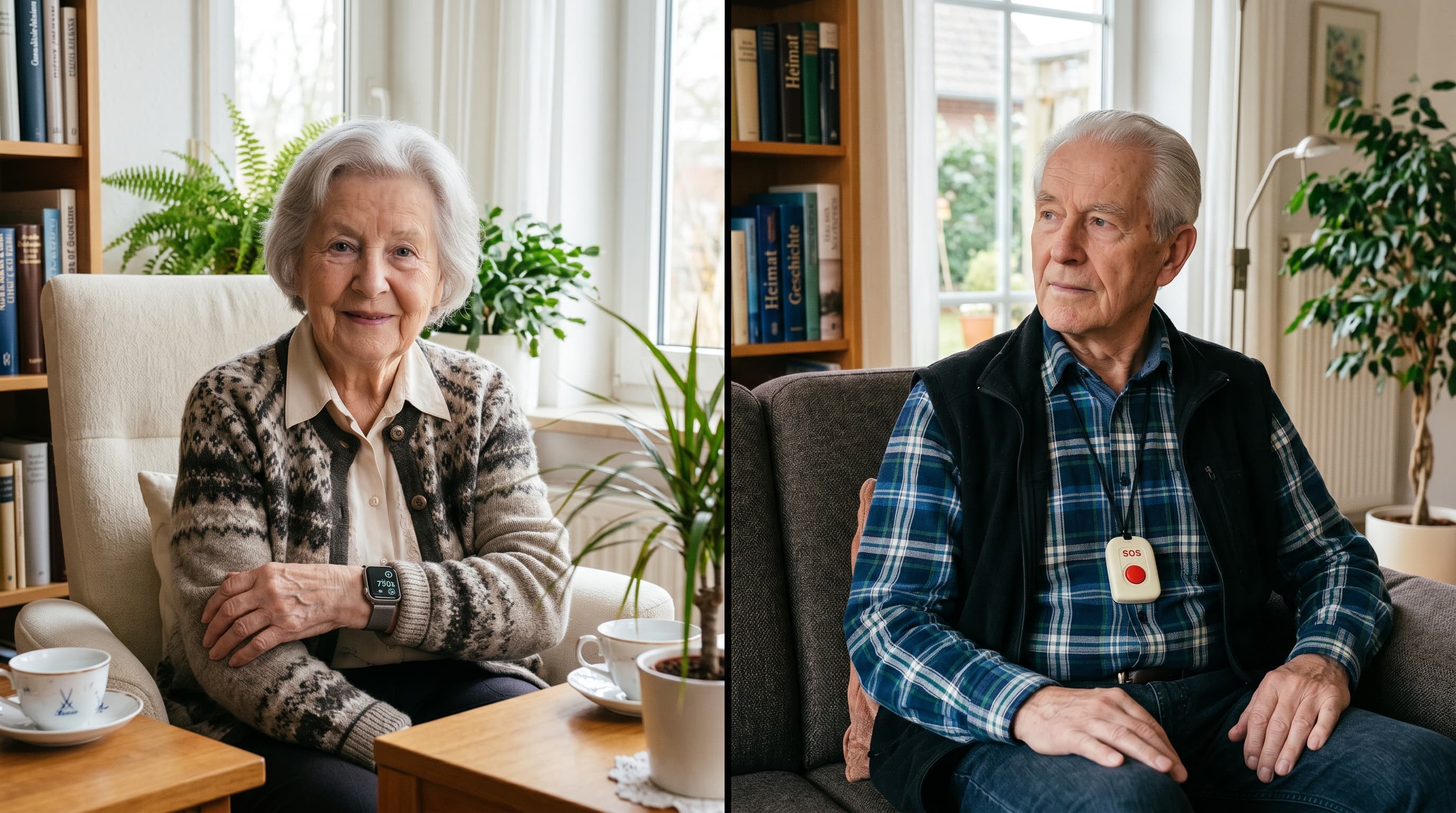 Hausnotruf vs Smartwatch 2026 — Seniorin mit Smartwatch am Handgelenk vs. klassischem Notrufknopf