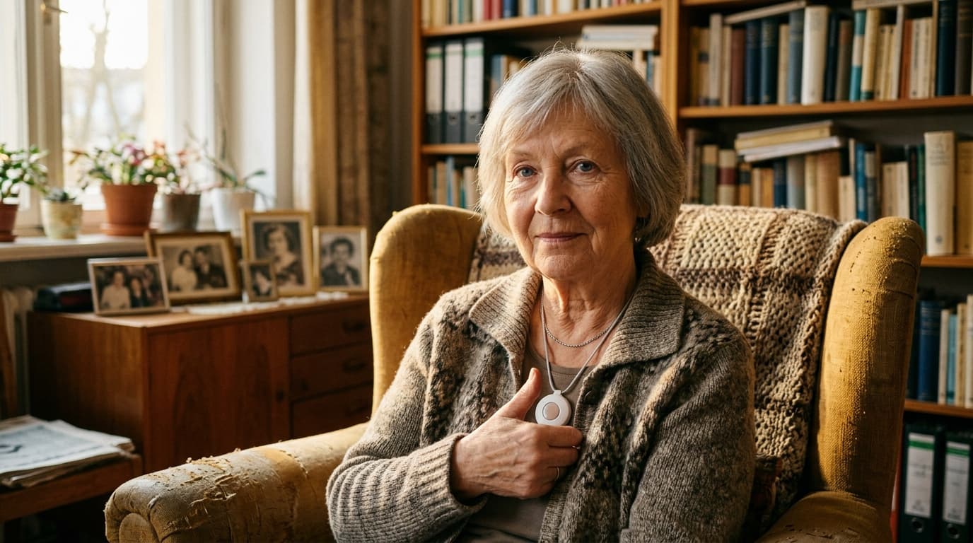 Hausnotruf Zuschuss 2026 — ältere Frau mit Hausnotruf-Armband in ihrer Wohnung