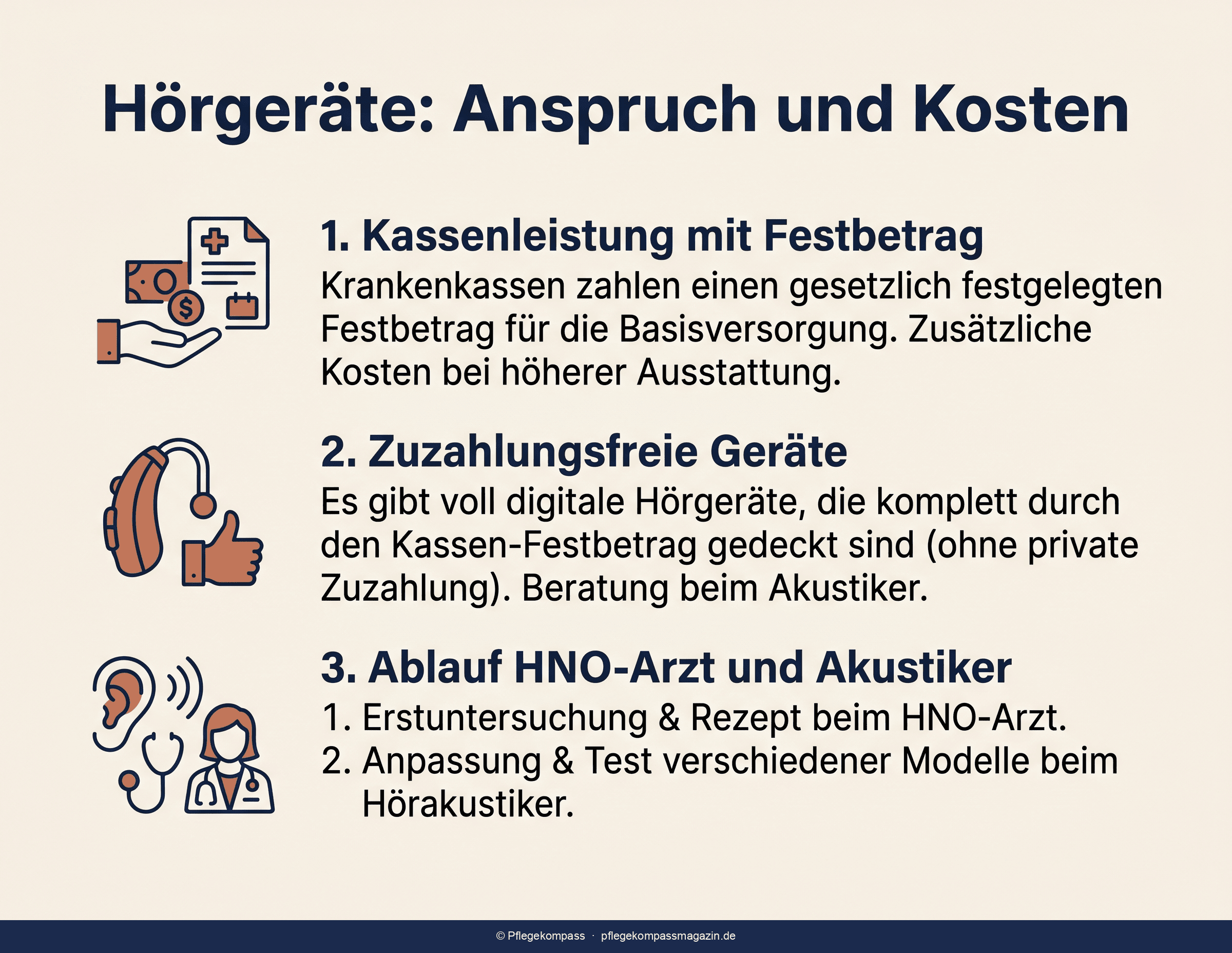 Infografik: Hörgeräte-Versorgung in vier Schritten — HNO-Arzt, Akustiker, Probetragen, Abschluss-Kontrolle, plus Festbetrag und Zuzahlung