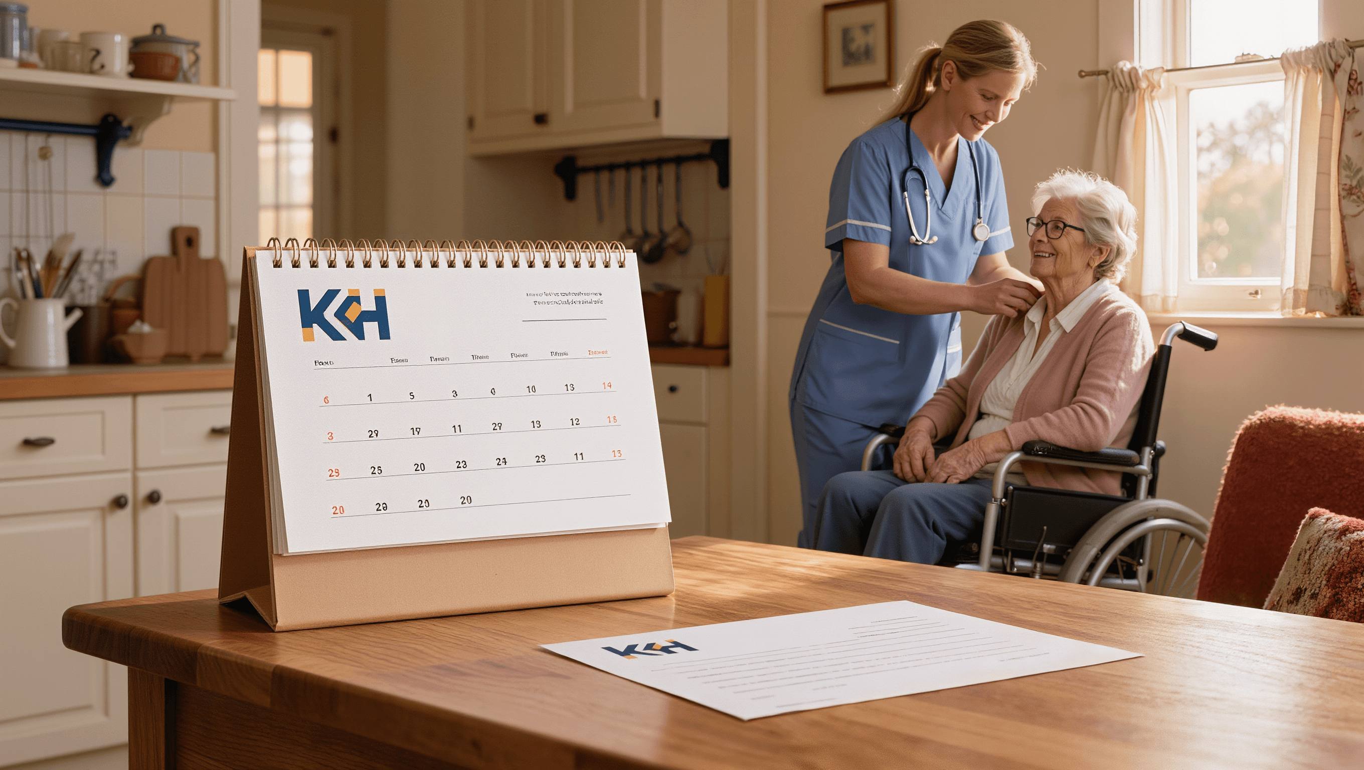 KKH Pflegegeld Bescheid und Kalender am Küchentisch — Pflegekraft assistiert Seniorin im Hintergrund