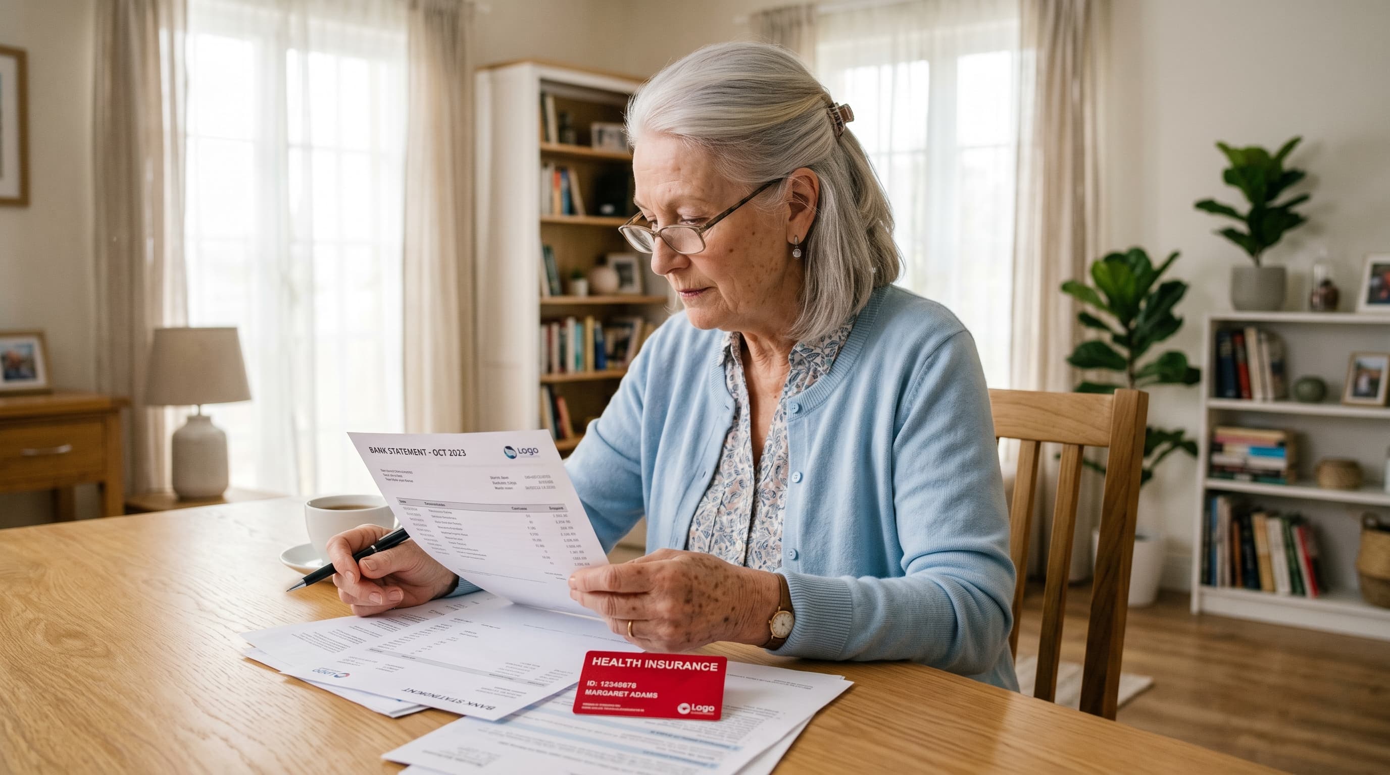 Knappschaft Pflegegeld 2026 Auszahlungstermine — Senior prüft Kontoauszüge mit Versichertenkarte