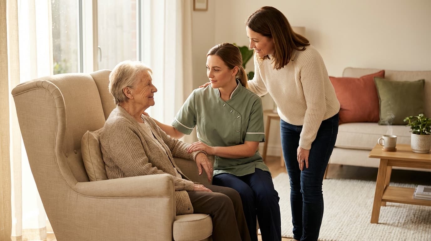 Pflegekraft und Angehörige unterstützen gemeinsam eine ältere Frau im Wohnzimmer – Teamwork in der häuslichen Pflege