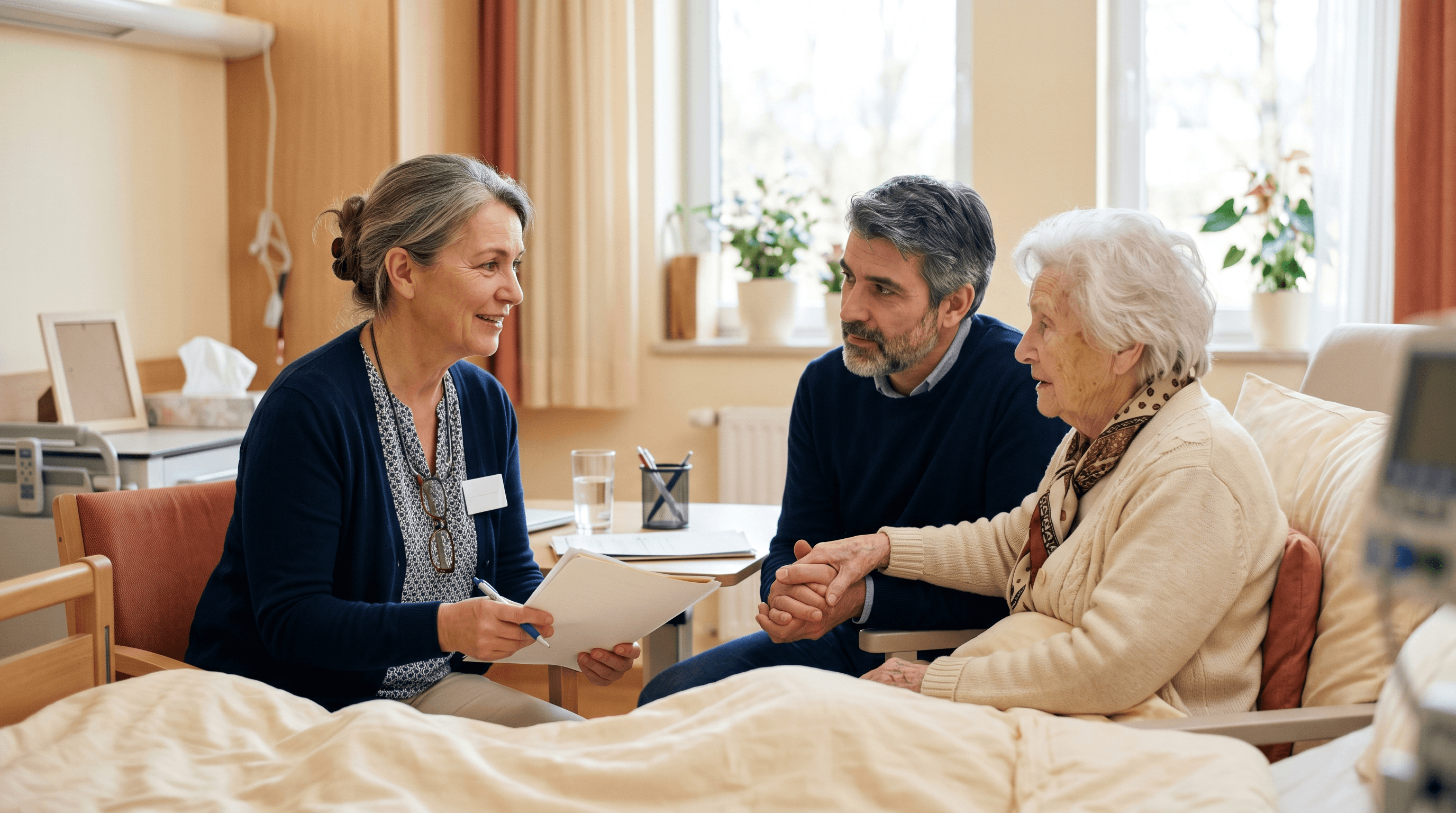 Sozialdienst-Mitarbeiterin bespricht die Entlassung mit einer Patientin im Krankenhaus