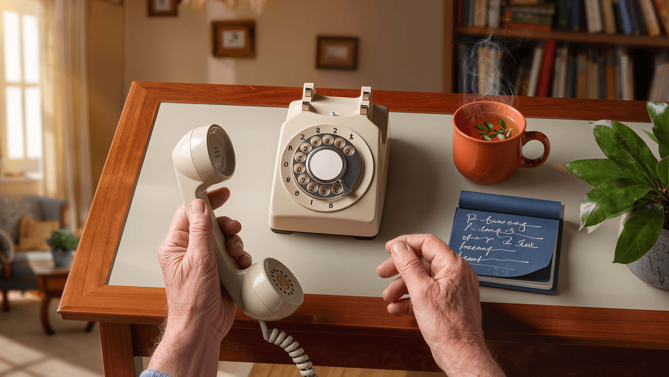 Schreibtisch mit altem Telefon, Notizblock und Tasse Tee — Symbolbild für den ersten Anruf bei einem Krisendienst