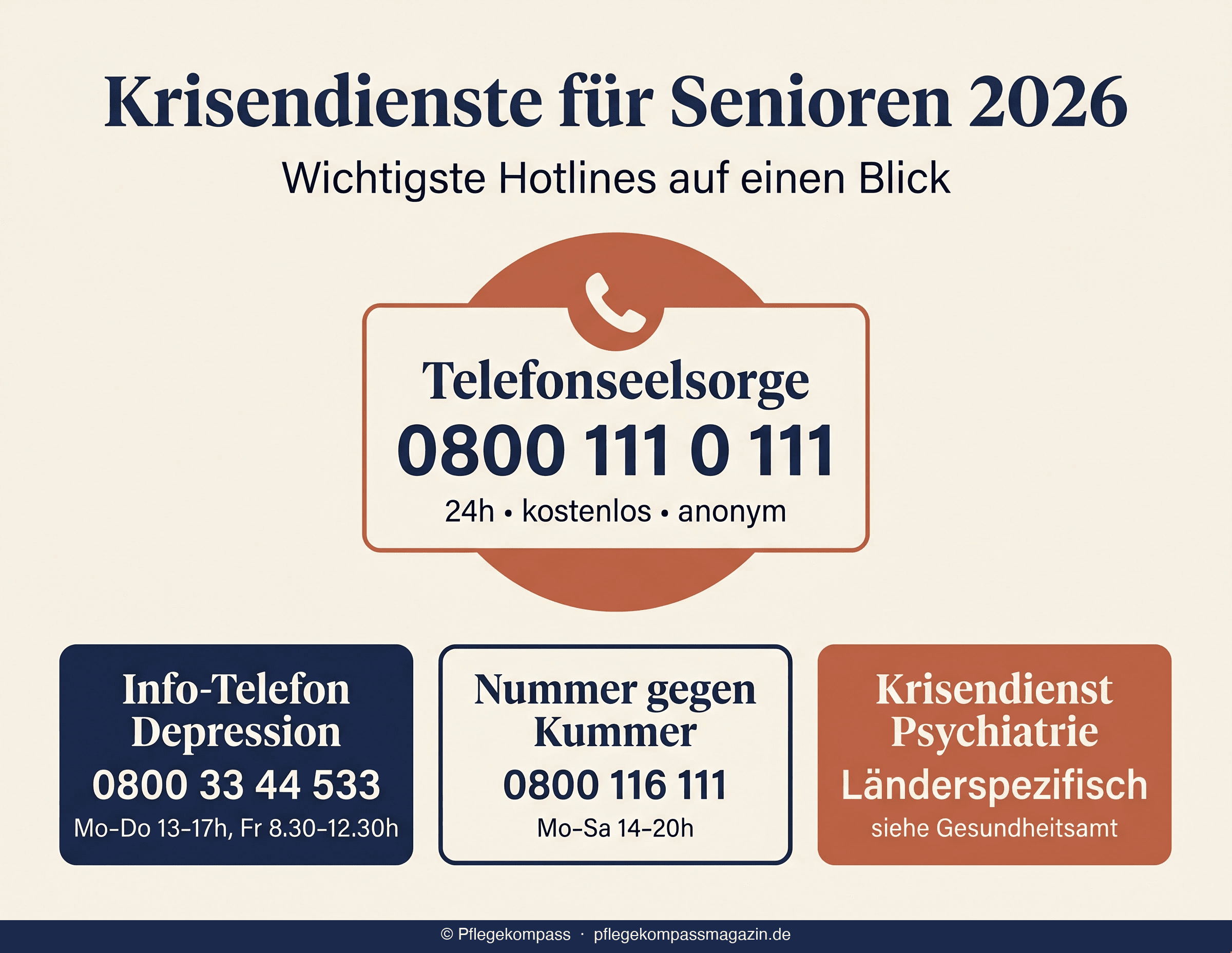 Infografik Krisendienste Senioren 2026: Telefonseelsorge 0800 111 0 111, Info-Telefon Depression 0800 33 44 533, Nummer gegen Kummer, Krisendienst Psychiatrie