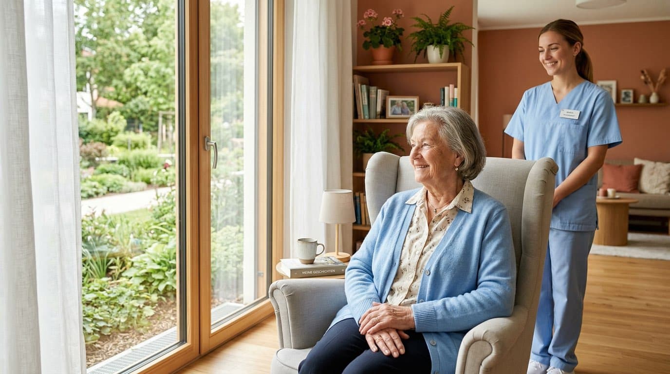 Kurzzeitpflege 2026 — ältere Frau in hellem Pflegezimmer mit freundlicher Pflegekraft
