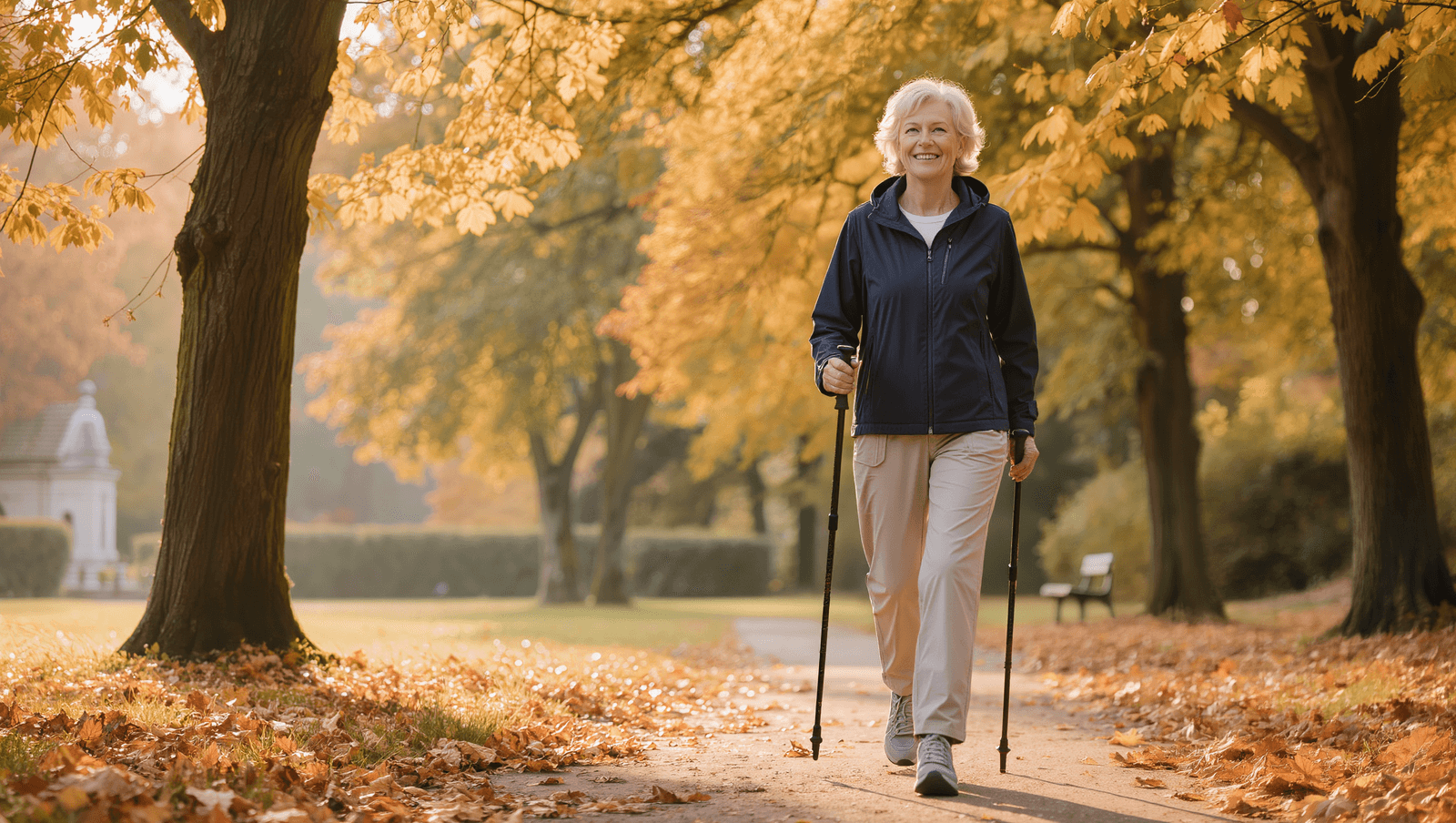 Ältere Frau Anfang 70 beim Nordic Walking im Park, warmes Morgenlicht, Bewegung und Tageslicht als natürliche Therapie bei Depression