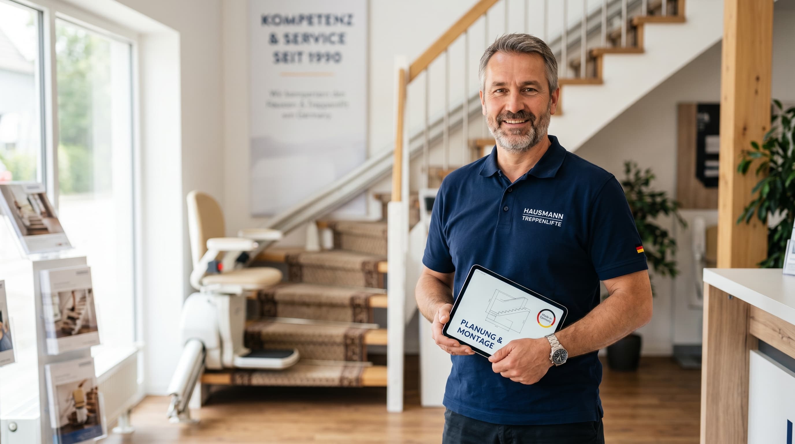 Mittelständischer Treppenlift-Anbieter mit Tablet im Showroom