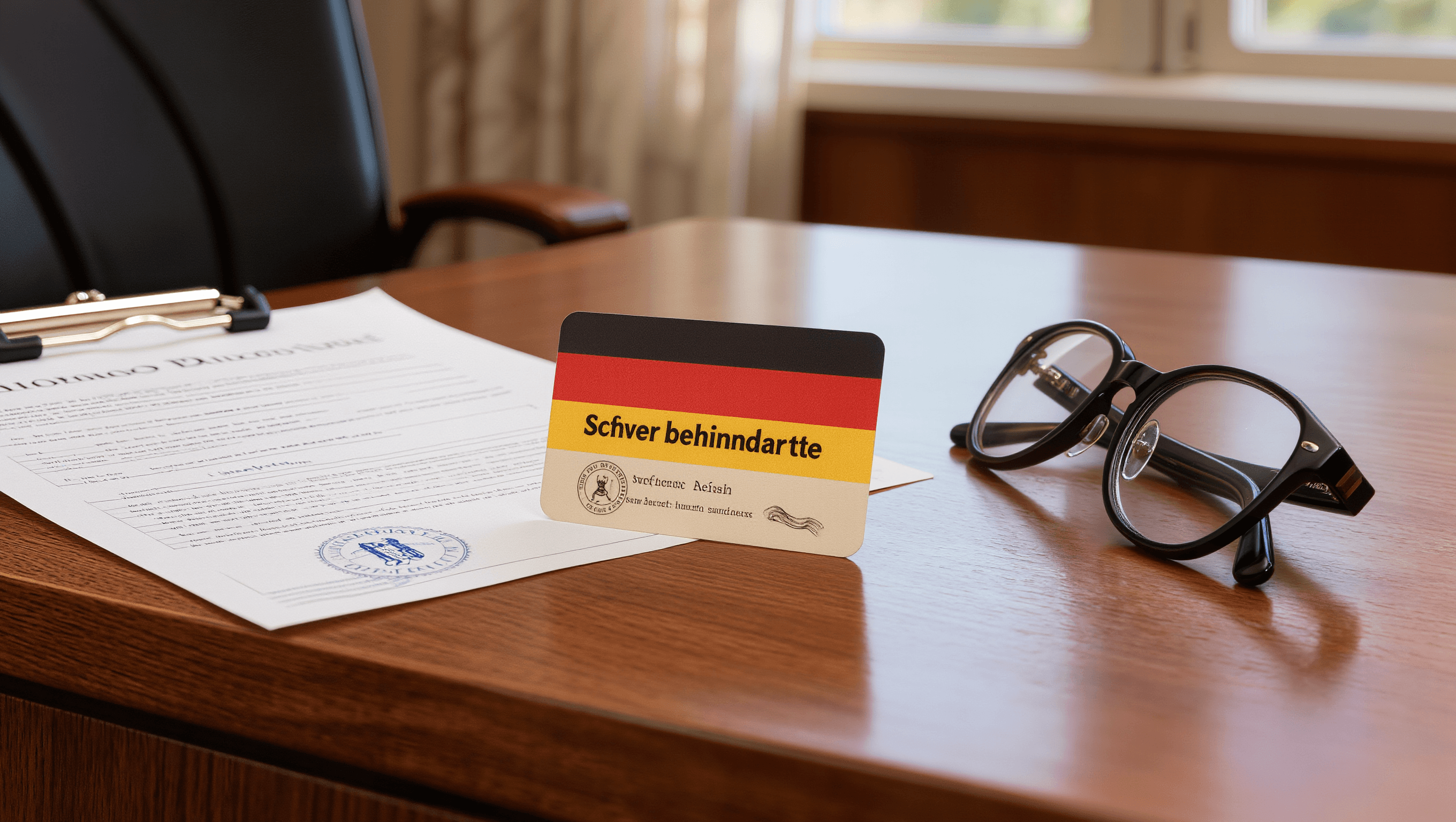 Schwerbehindertenausweis auf Holztisch mit Arztbescheinigung und Lesebrille — Merkzeichen G beantragen