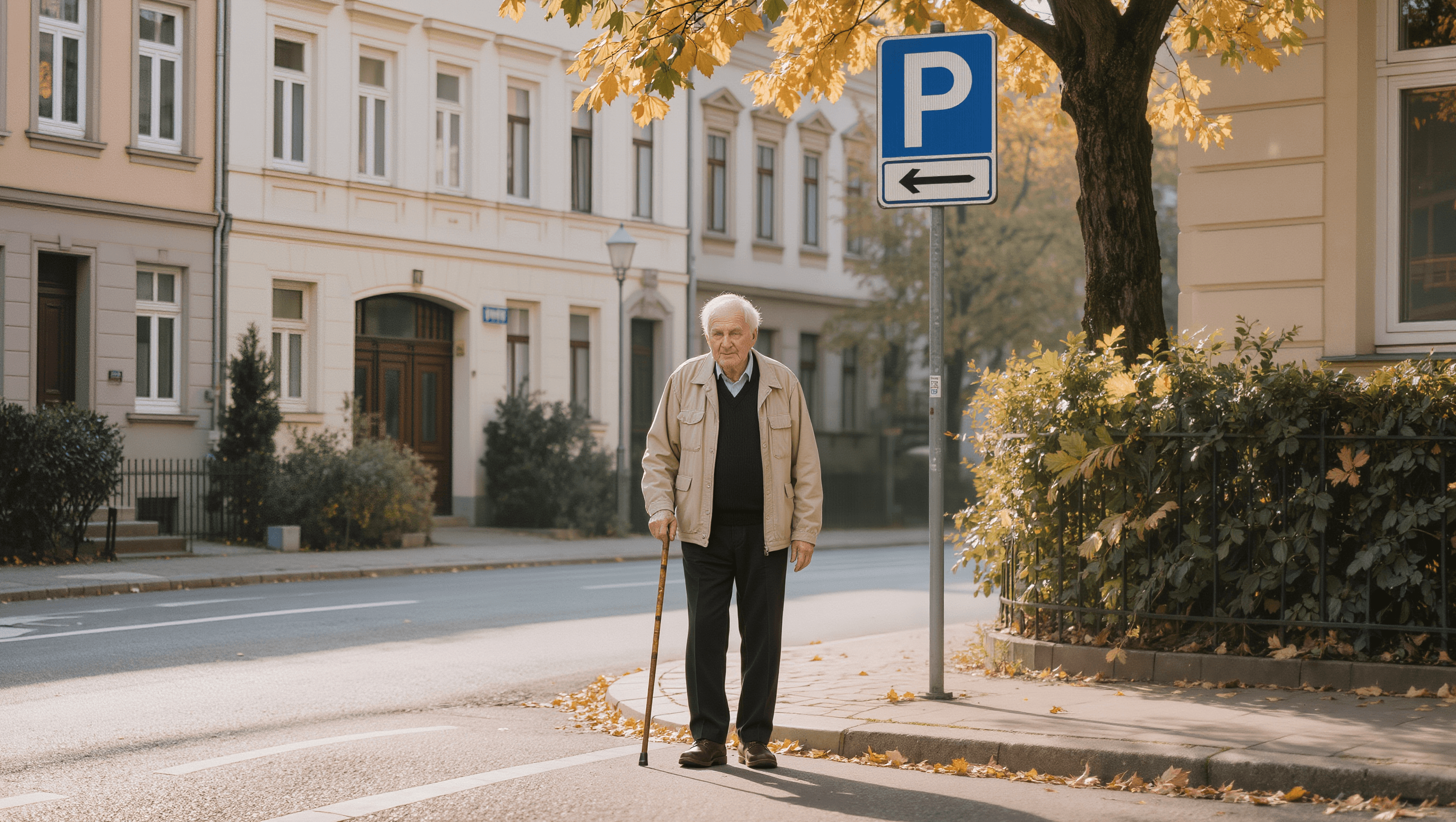 Älterer Mann mit Gehstock an Parkschild in deutscher Stadt — Merkzeichen G und Pflegegrad kombinieren