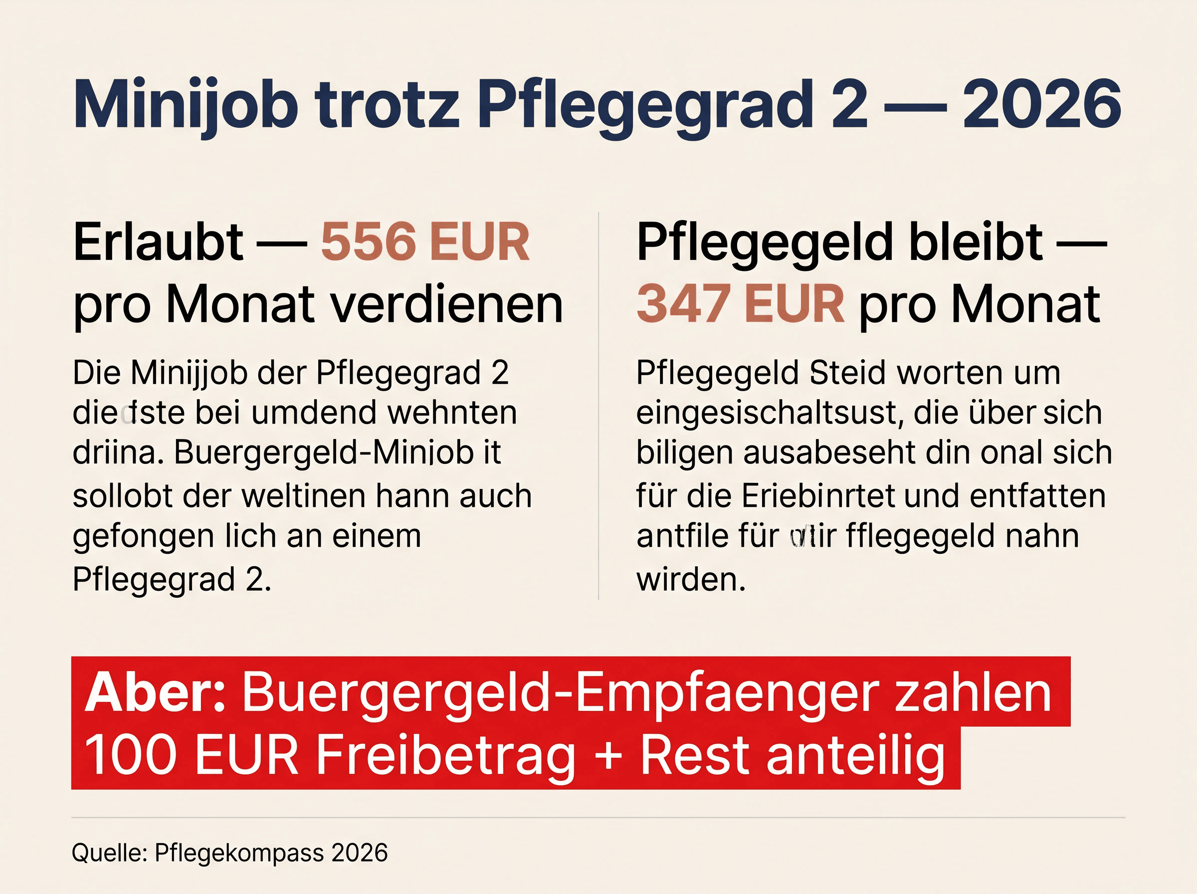 Infografik Minijob Pflegegrad 2 2026: 556 € Minijob + 347 € Pflegegeld = 903 € pro Monat, aber Bürgergeld-Anrechnung