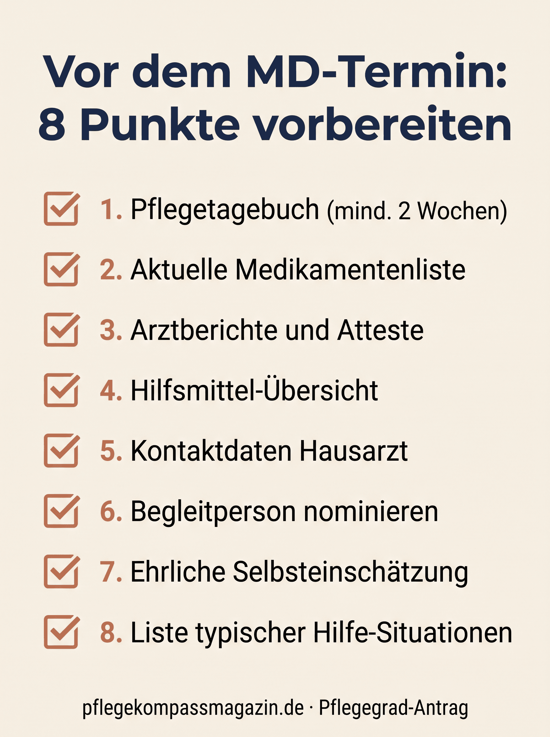 8-Punkte-Checkliste zur Vorbereitung auf den MD-Termin für den Pflegegrad