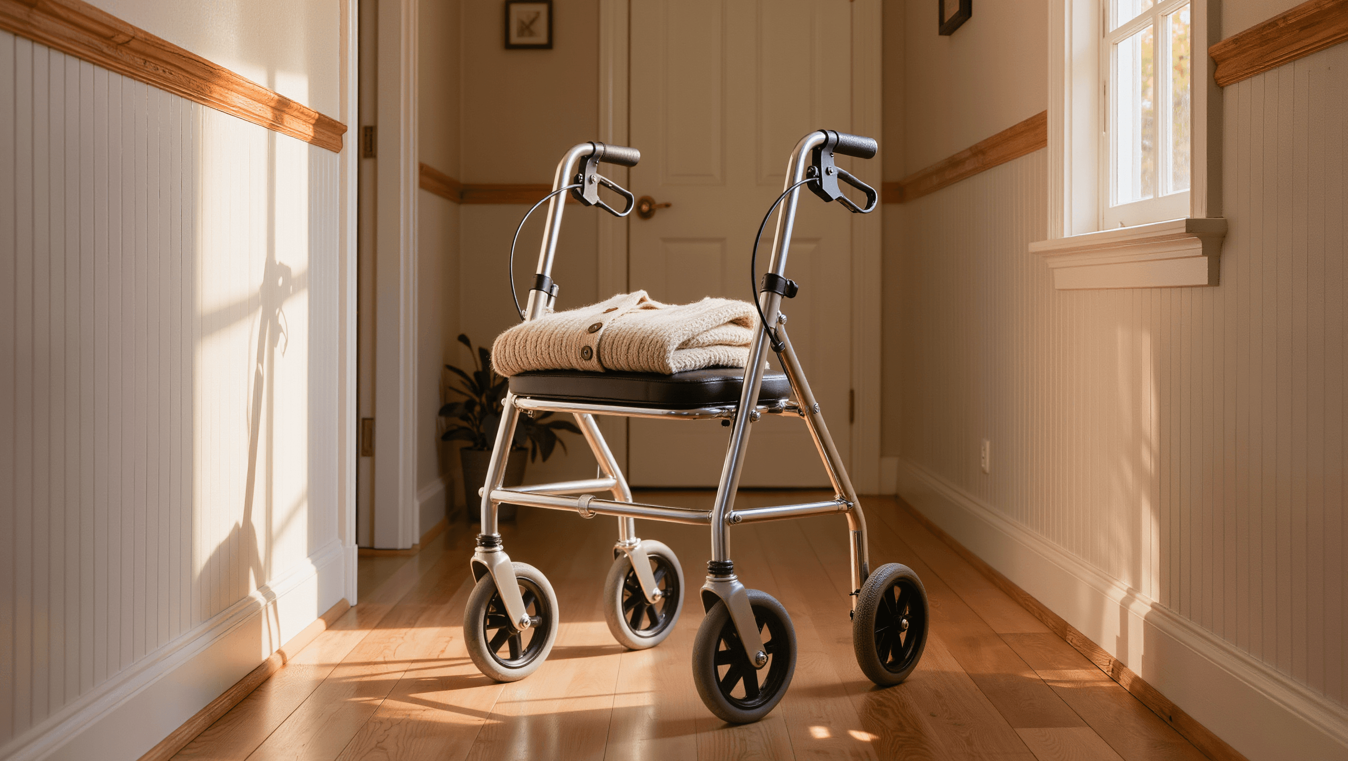 Rollator im Flur eines deutschen Haushalts mit gefaltetem Cardigan auf dem Sitz — Hilfsmittel bei Parkinson