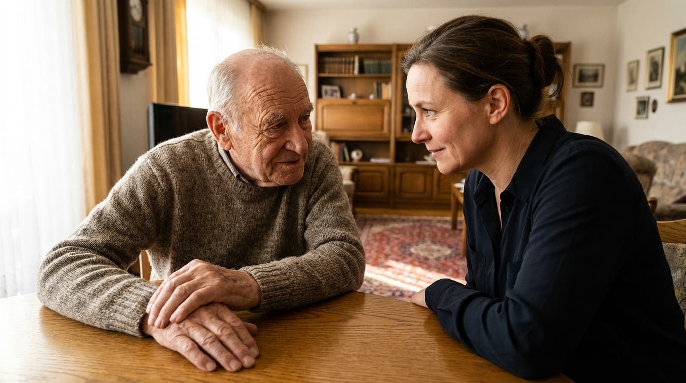 Patientenverfügung 2026 — ältere Hand unterschreibt ein Vorsorgedokument auf einem Holztisch, daneben Lesebrille und Stift