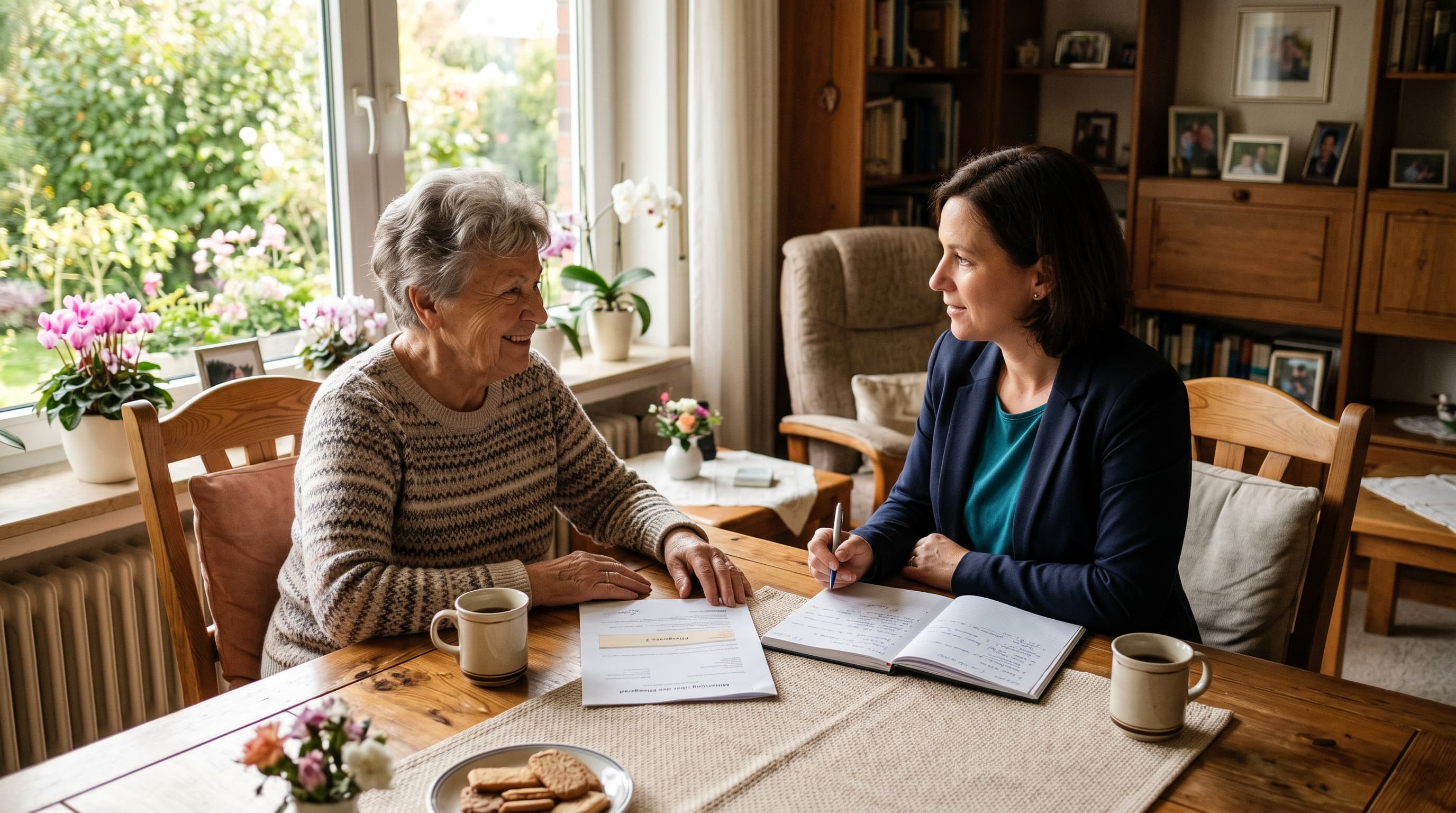 Pflegeberatung 2026 — Senior:in und Pflegeberaterin am Esstisch mit Pflegegrad-Bescheid