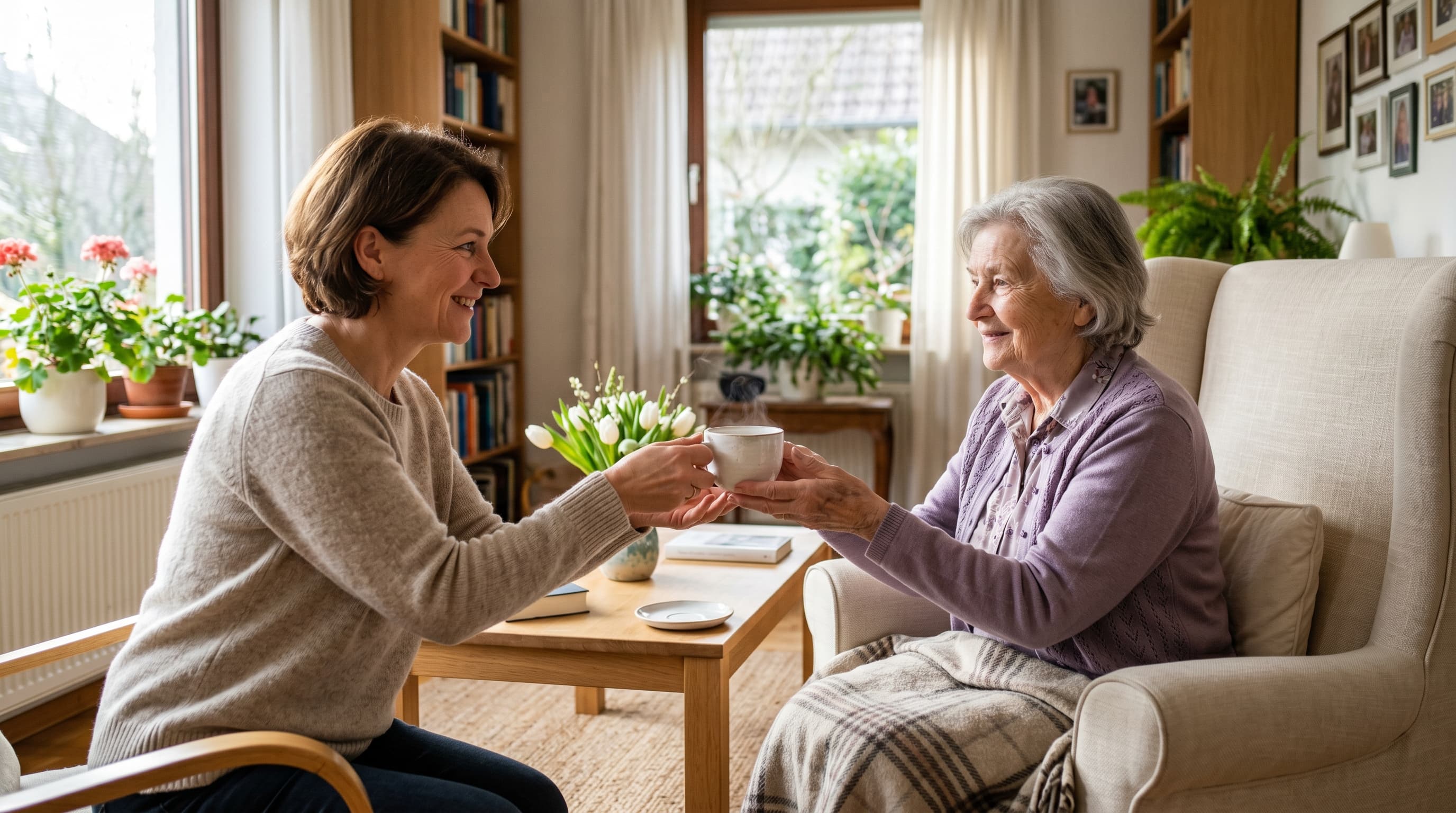 Tochter reicht ihrer Mutter lächelnd eine Tasse Kaffee im hellen Wohnzimmer