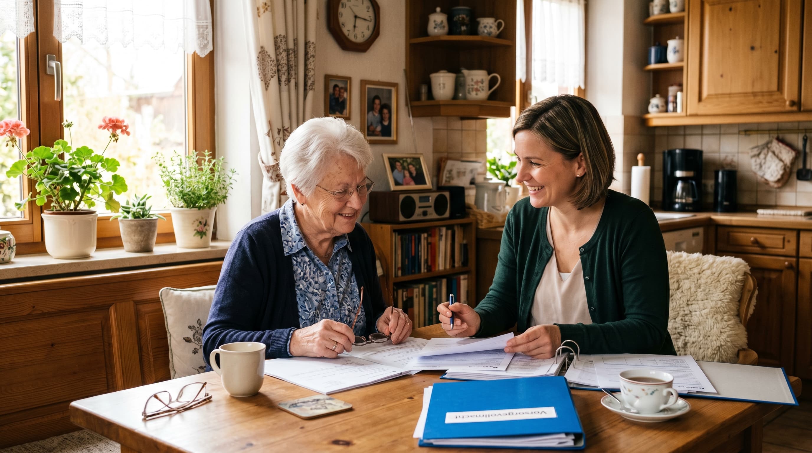 Seniorin und Pflegeberaterin sitzen gemeinsam am Esstisch und besprechen Antragsformulare