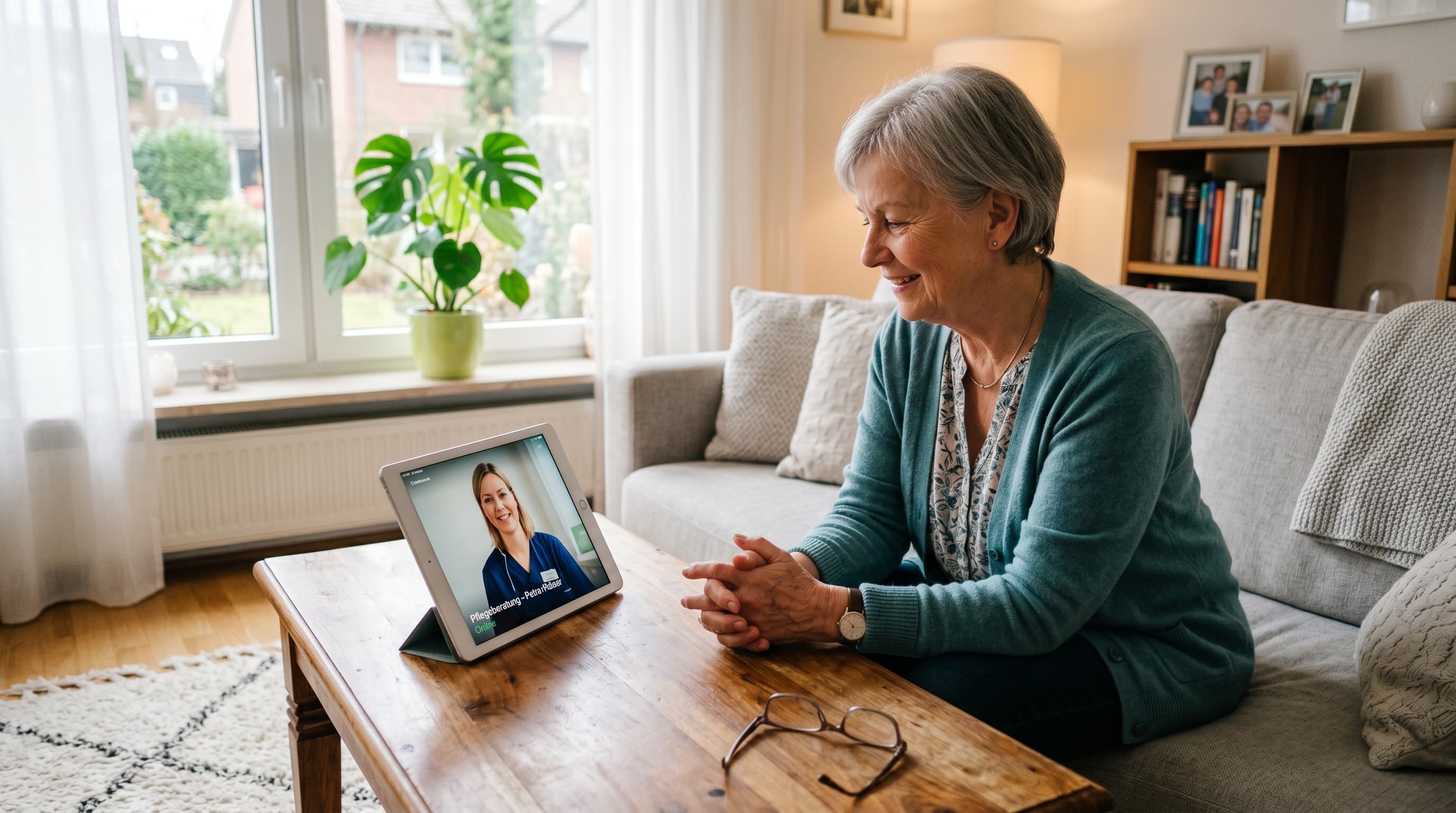 Pflegeberatung online 2026 — Senior im Video-Call mit Pflegeberaterin auf Laptop im hellen Wohnzimmer